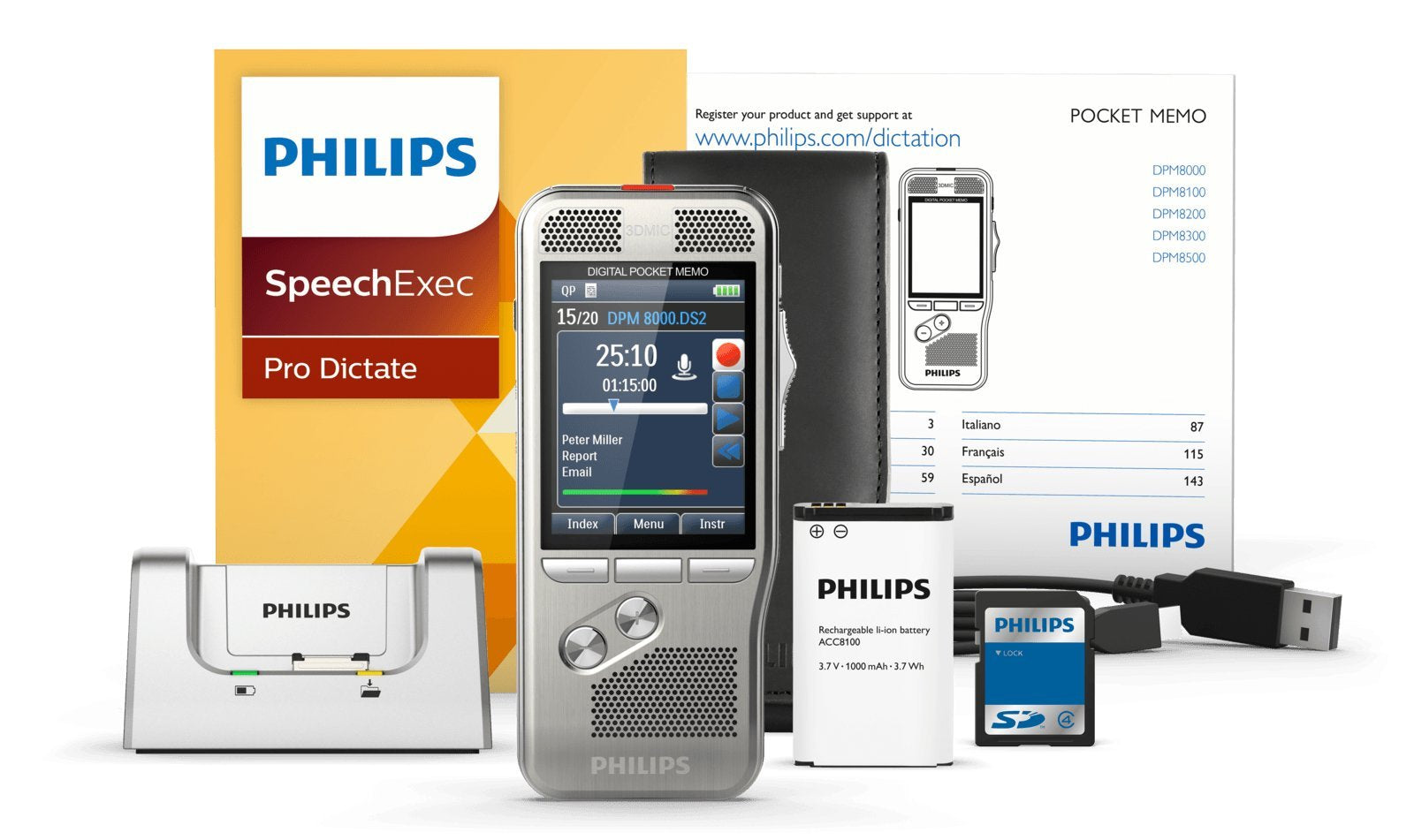Philips Dpm 8000 Professional Digital Pocket Memo With Cradle And Speechexec Pro Software