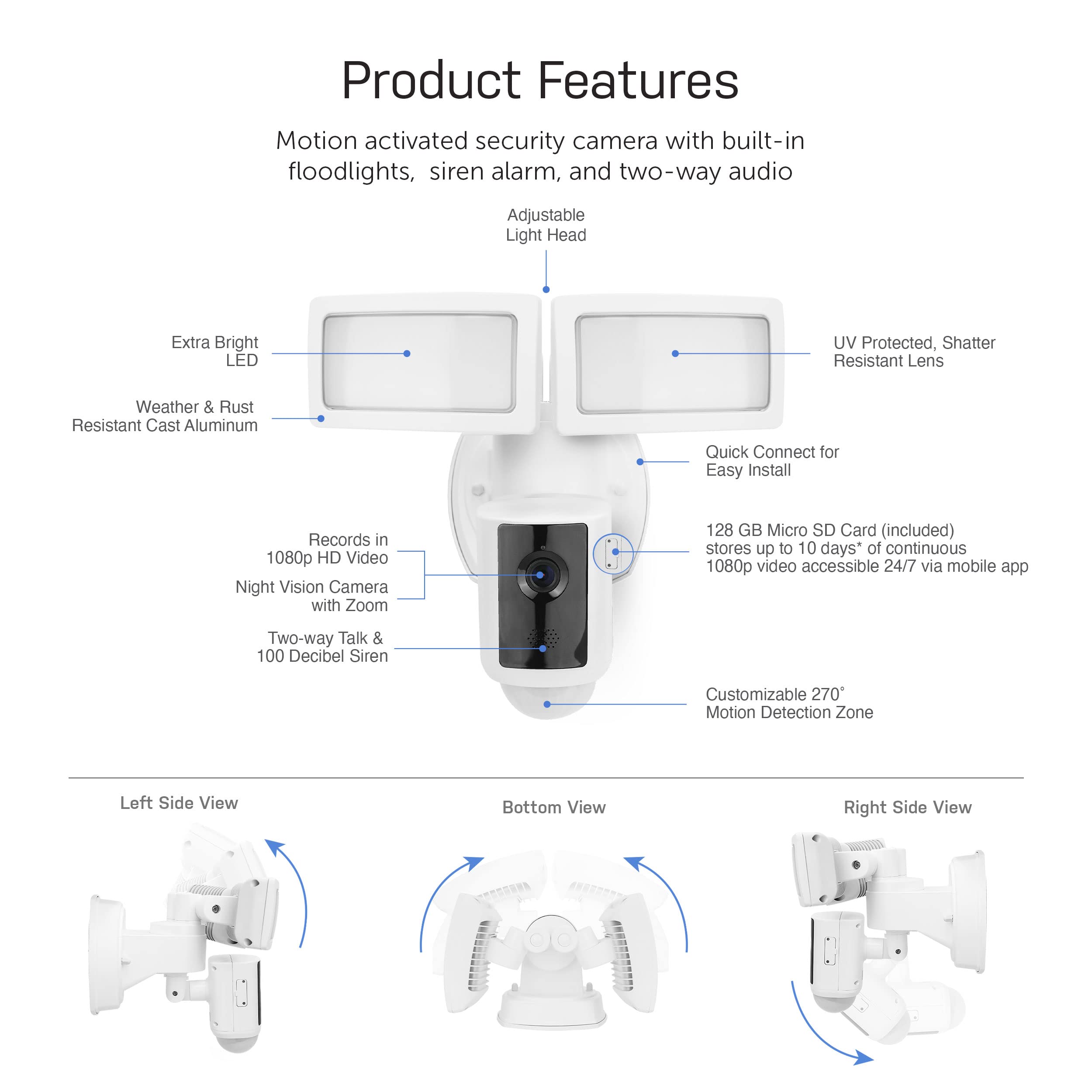 Feit Electric Outdoor Smart Camera Floodlight With Motion Sensor, Hardwired White Outdoor Security Light With Video, 1080P Hd, 1