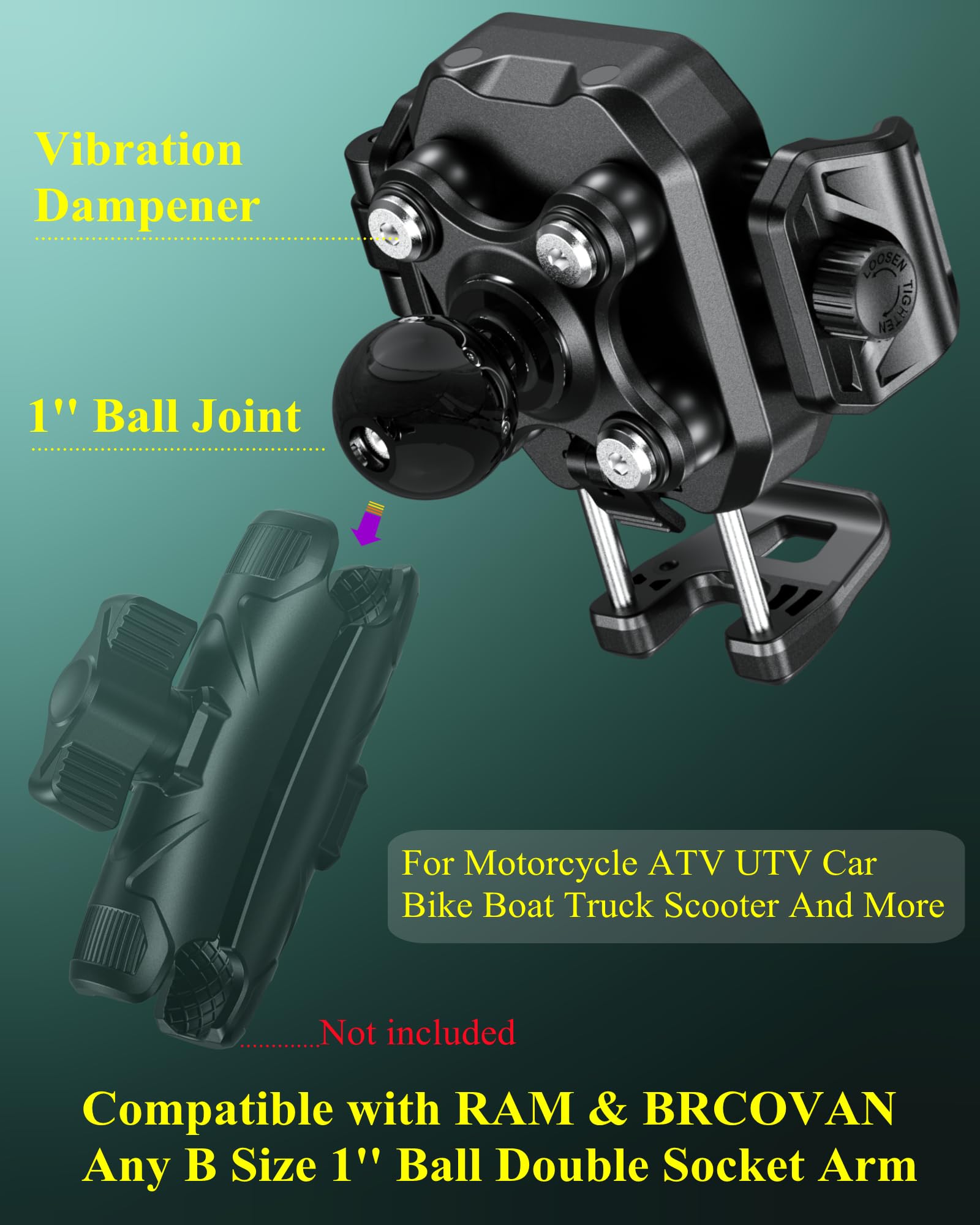 Brcovan 1'' Ball Phone Mount Holder With Vibration Dampener, Compatible With Ram Mounts B Size Double Socket Arm, Adjustable Fit
