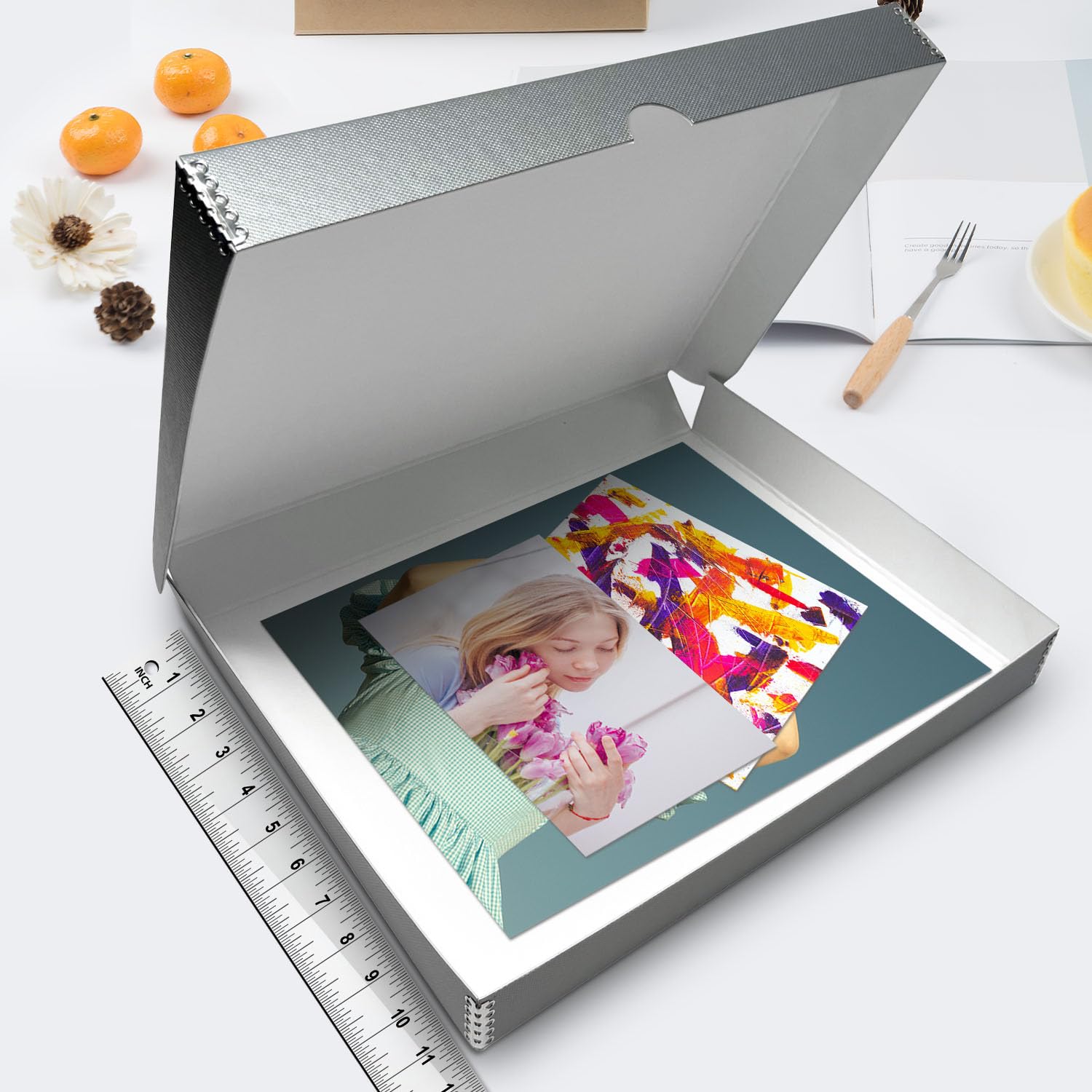 Lineco Folio Storage Box, Clamshell Design With Metal Edge. 11.5X14.5X1.75, Archival Boxboard, Organize And Preserve Photos, Prints, Cards, Magazines, Documents, Art, Ephemera, Family Records, Silver