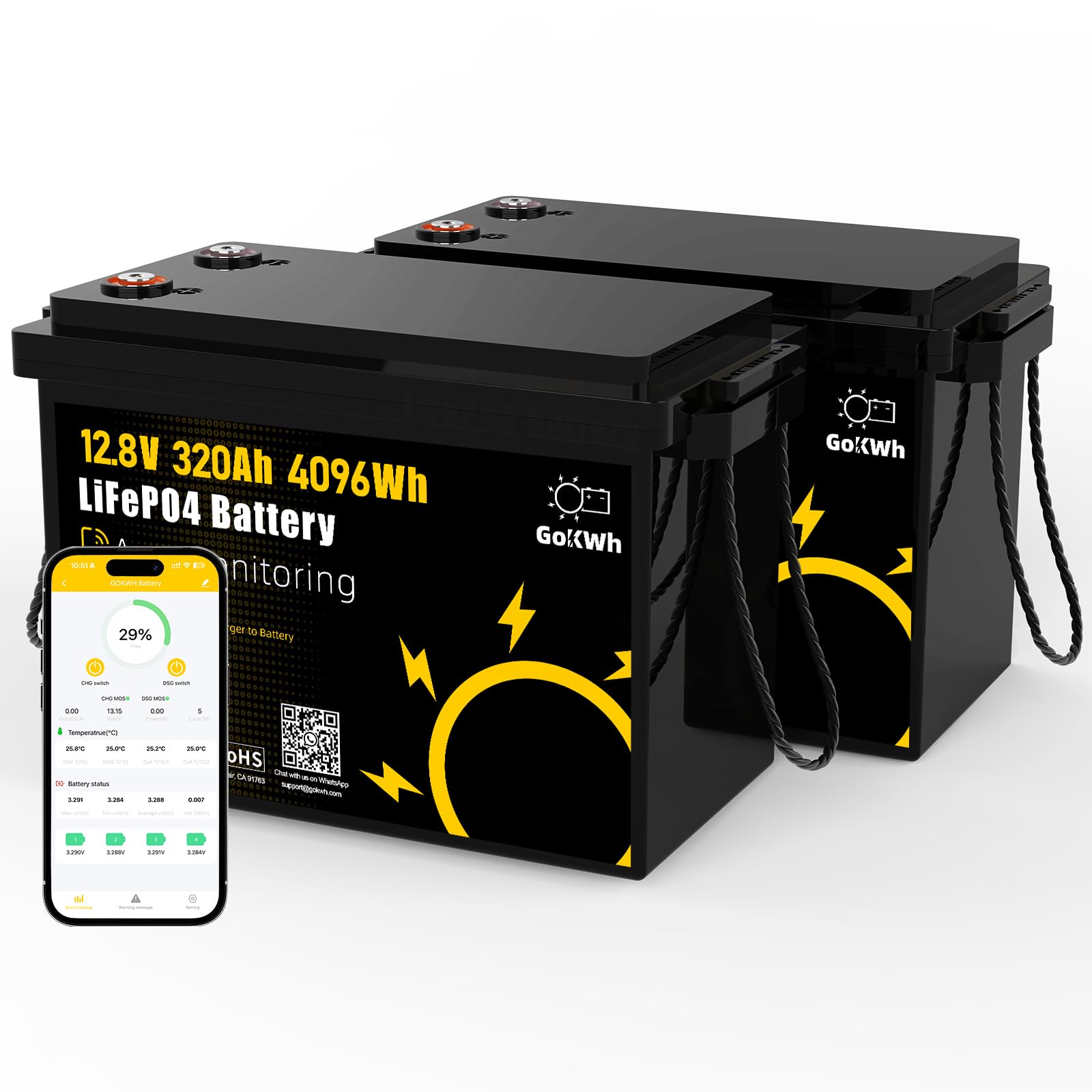 GoKwh 12V 320AH LiFePO4 Lithium Battery with Bluetooth App, Low Temp Protection, 4096WH, 200A BMS Up to 8000 Deep Cycle for Off-