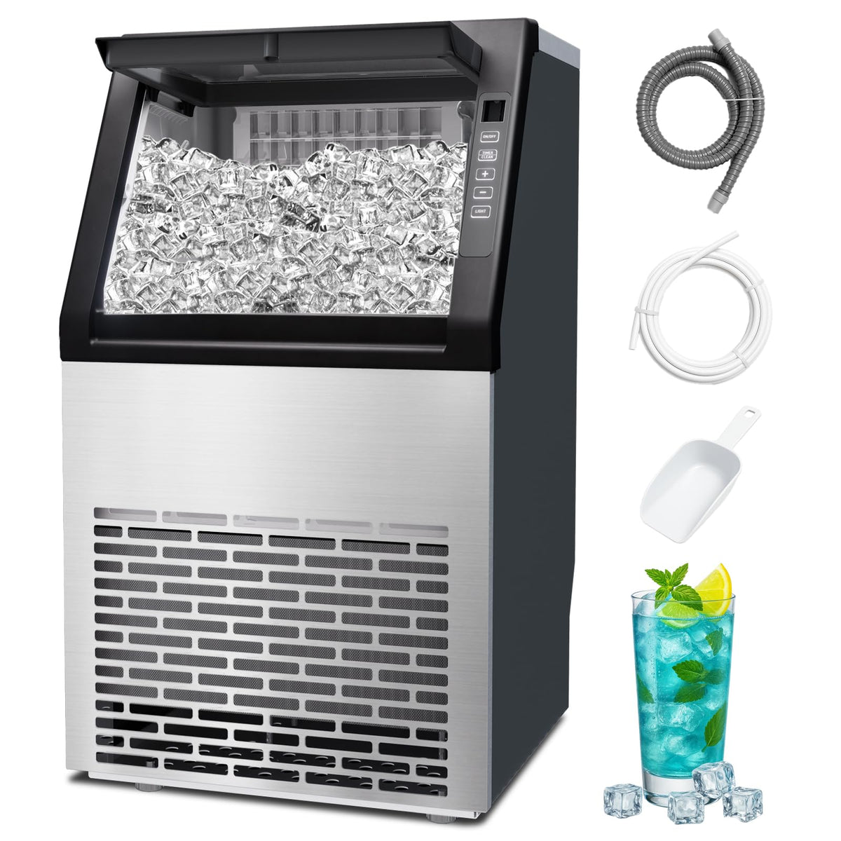 Dollardash Commercial Ice Machine,100Lbs/Day Stainless Steel Freestanding Large Ice Maker,Self-Cleaning,36 Cubes In 11Mins,24H T
