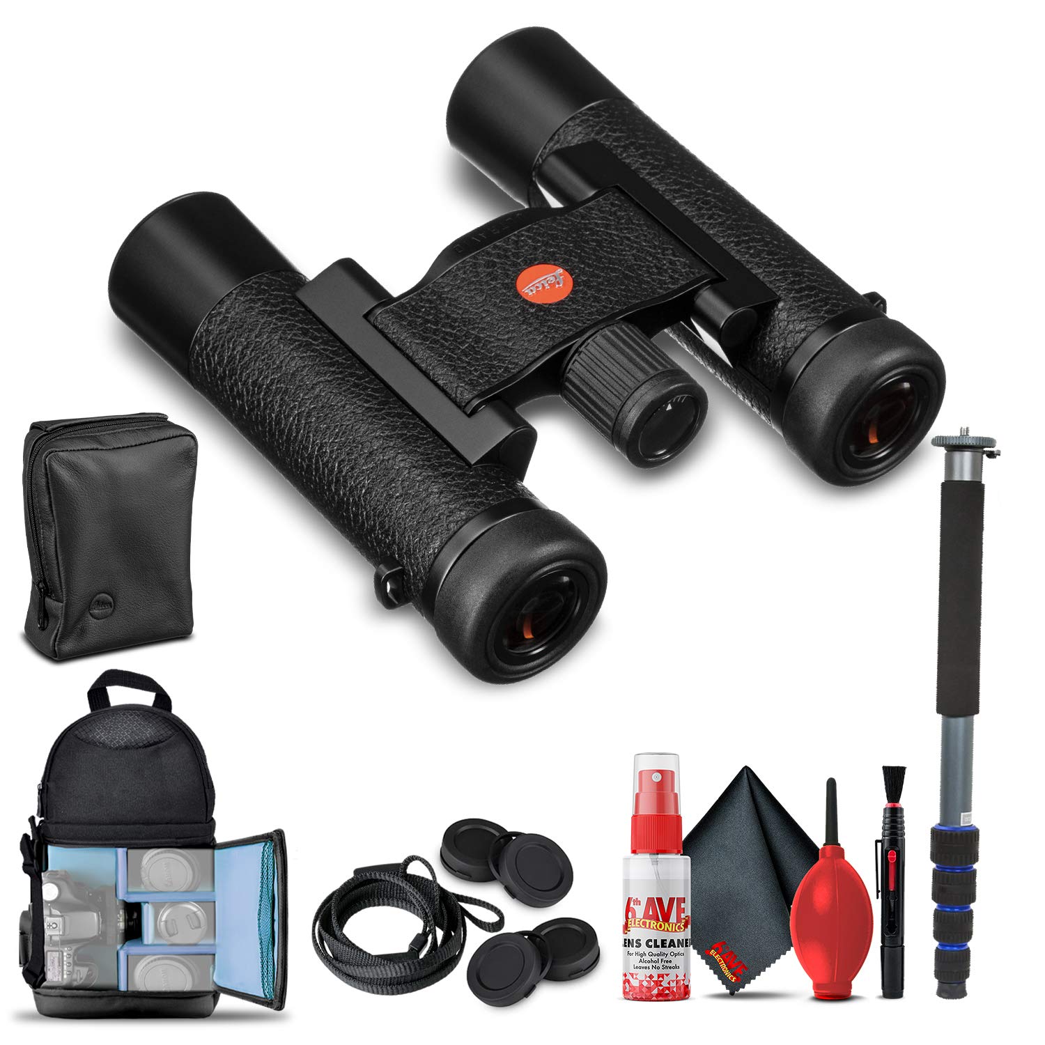 Leica 10x25 Ultravid Blackline Binoculars (Black with Black Leather) (40607) + Backpack + Full Size Monopod + Cleaning Set + 2 x
