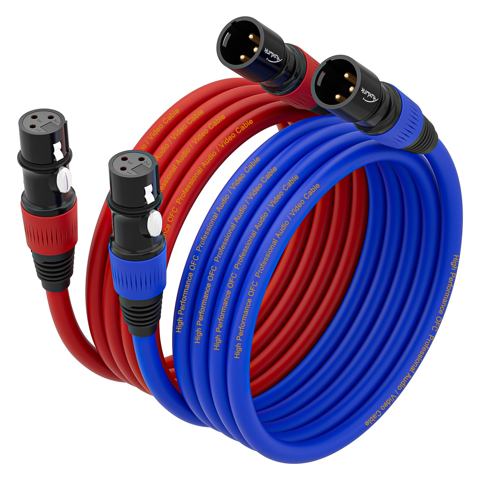 AuxLink XLR Cables 25ft 2Packs, XLR Male to Female Gold-Plated 3 Pins Microphone Cable Color Coded PVC Cable for Microphone, Spe
