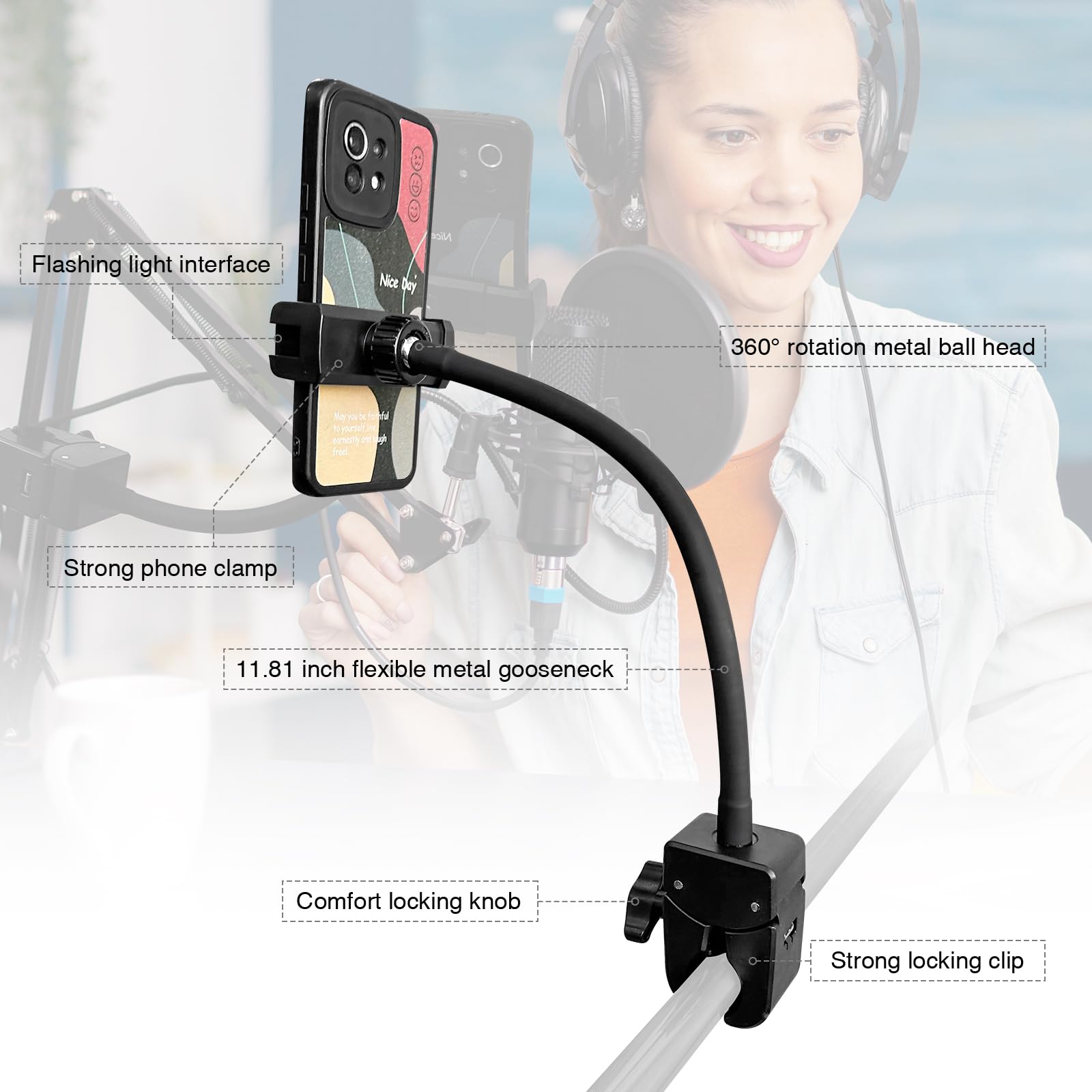 Clip Phone Holder For Desk,Pole,Pipe,Boom,Flat Surface With Adjustable Aluminium Arm Phone Clamp Mount For Mic Stand,Treadmill C