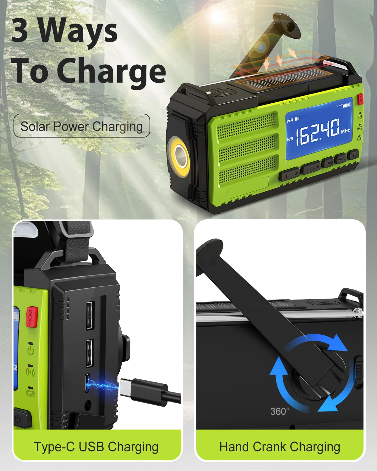 10000Mah Hand Crank Emergency Radio, Am Fm Noaa Weather Alert Radio, Portable Solar Radio, 3 Charging Methods, 3 Mode Flashlight