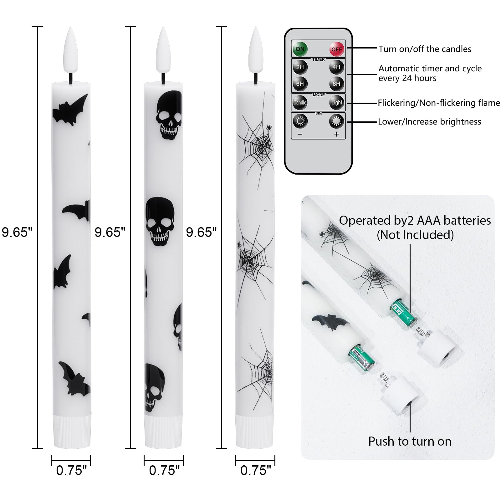 Lasumora Halloween Flameless Taper Candles With Remote Timer, 6 Pack Led Flickering Candlestick, Battery Operated Real Wax Candl