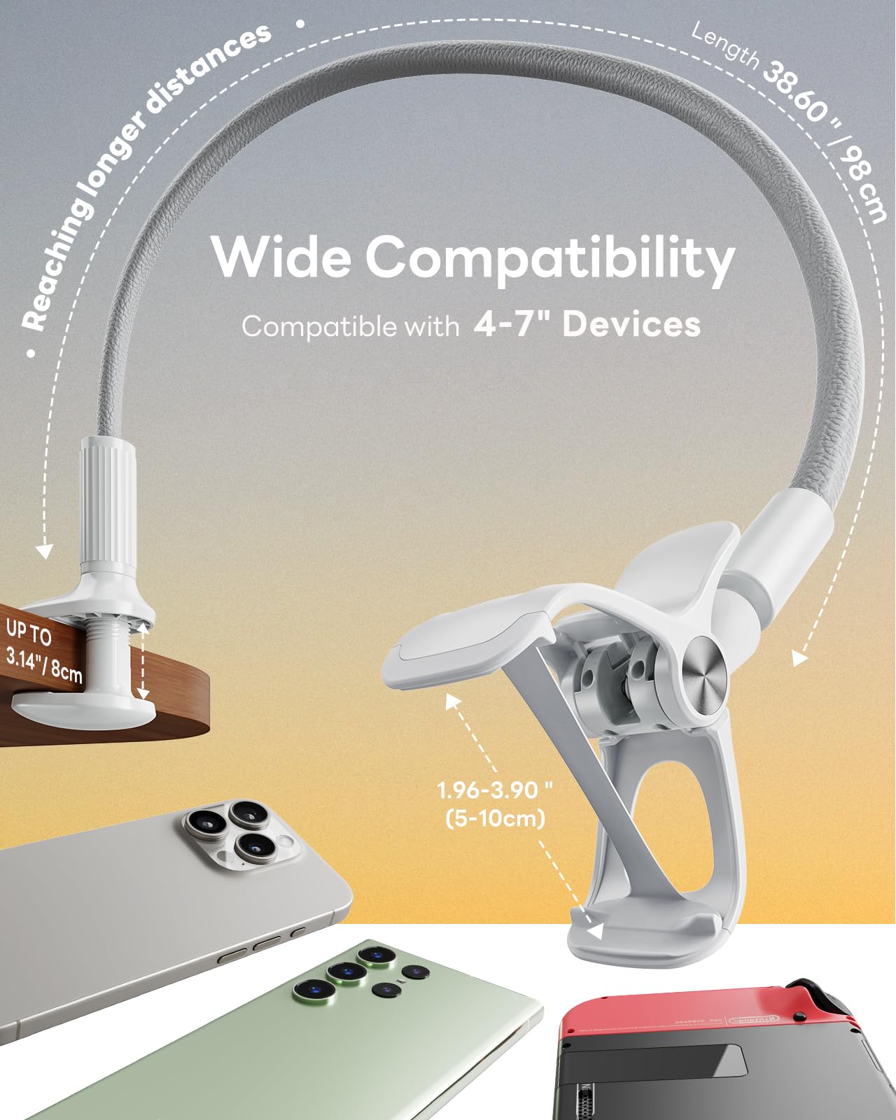 Saiji Gooseneck Phone Stand For Bed, Lazy Bracket Cell Phone Holder Long Arm Clip Clamp Mount For Filming, Compatible With 4 7''