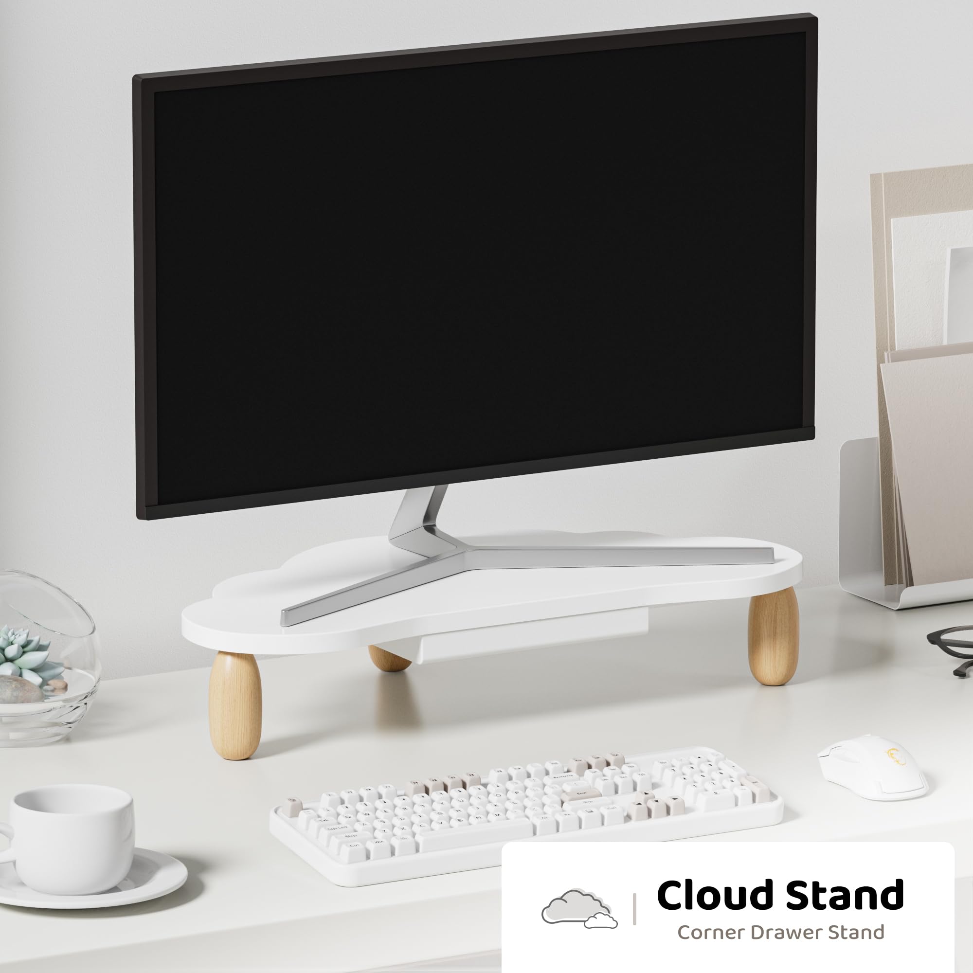 Afooyo Monitor Stand Riser,Cloud Shaped Sturdy Wood Computer Monitor Stand Wirh Drawer, Monitor Stand Riser, Multi Purpose Deskt