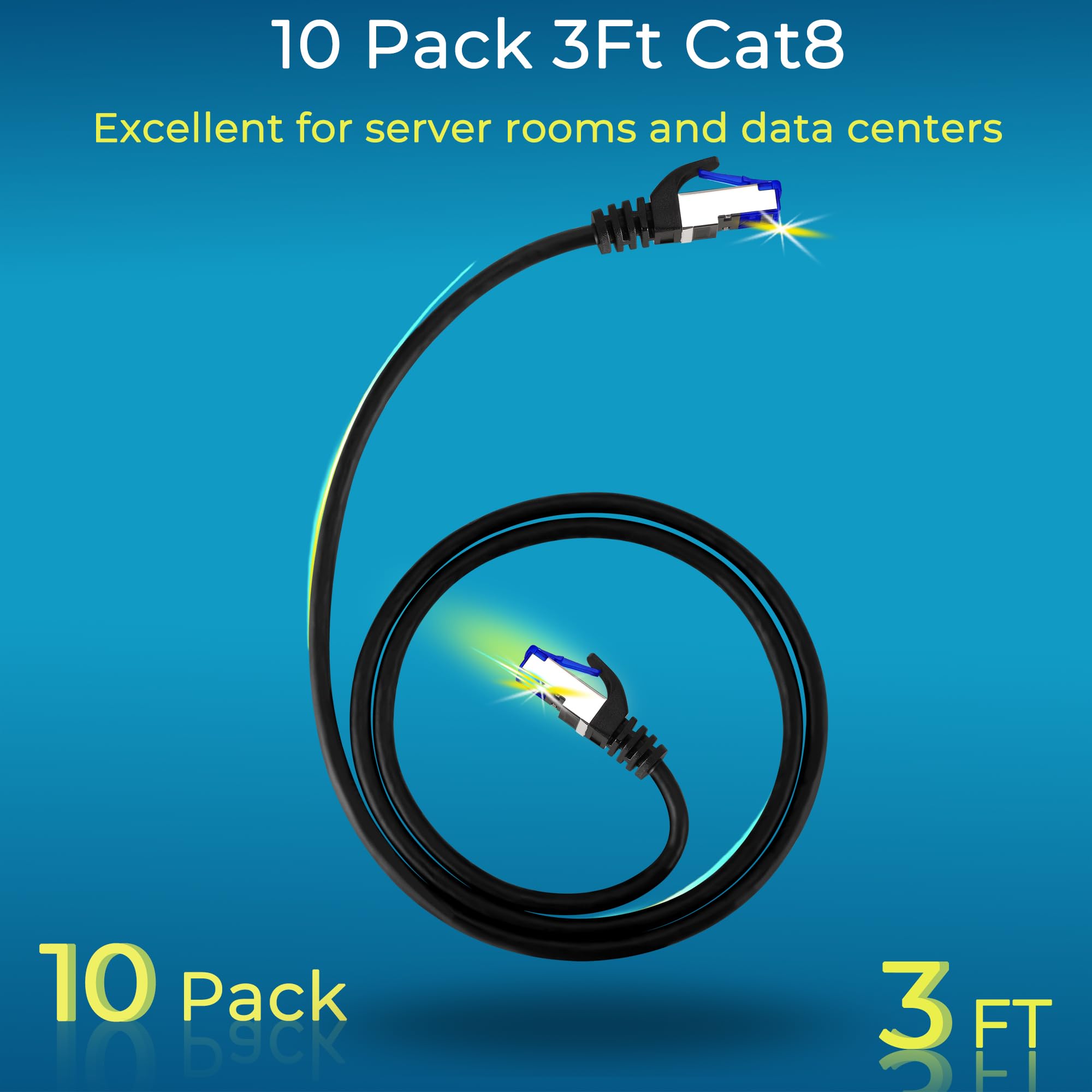 Rapink Patch Cables Cat8 3Ft 10 Pack Slim, Cat8 Ethernet Patch Cable 40G Support, Snagless Cat 8 Patch Cable For Patch Panel To Switch, Flexiable Cat 8 Ethernet Cable Datacenter With Gold Plated