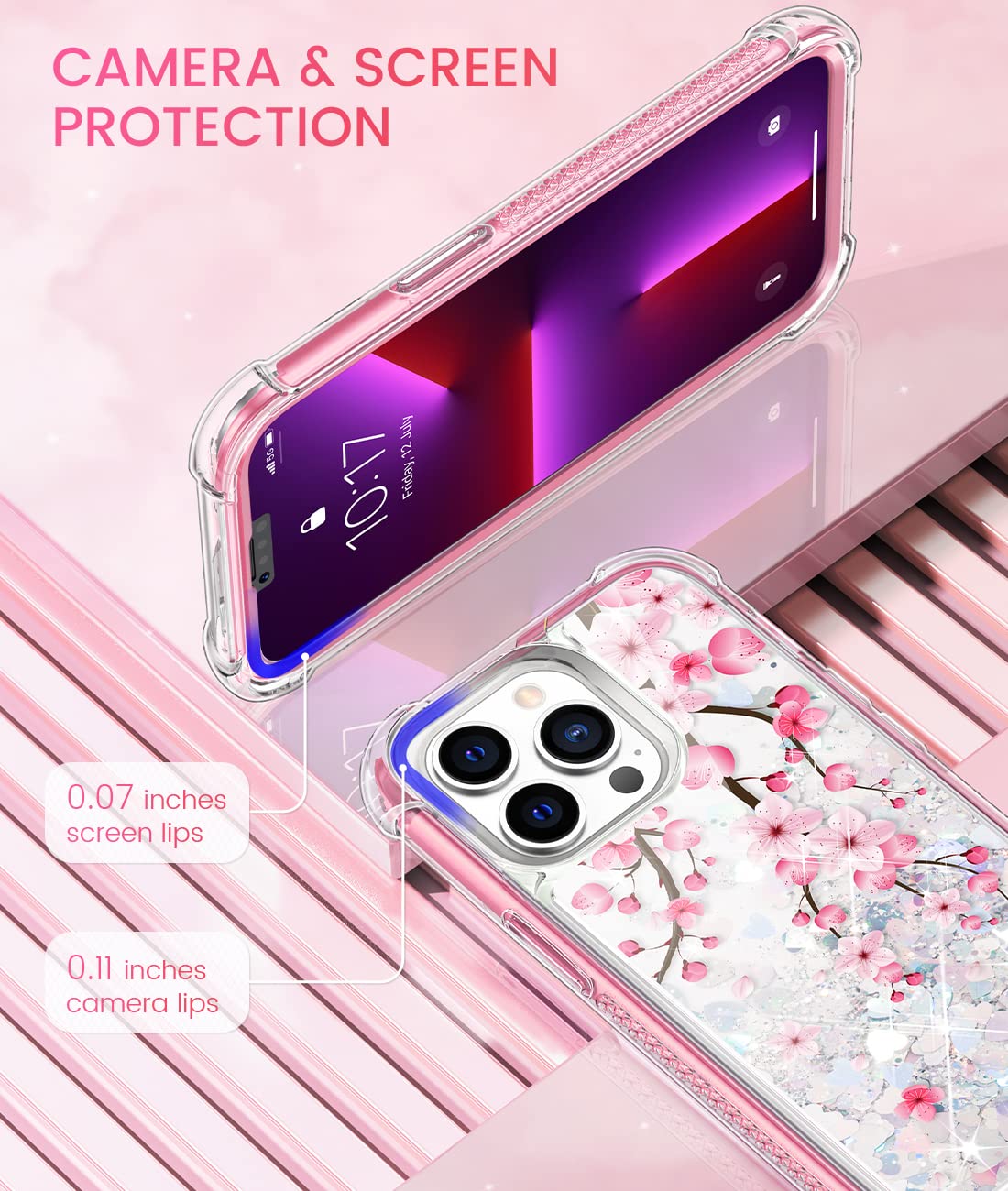 Caka Compatible For Iphone 13 Pro Max Case For Girls Women Glitter Flower Bling Liquid Sparkle With Screen Protector Flowing Qui