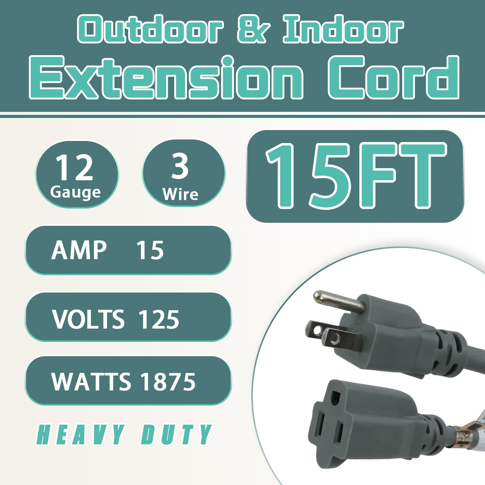 Greatide 15 Ft Outdoor Extension Cord   12/3 Sjtw Heavy Duty Grey Extension Cable With 3 Prong Grounded Plug   Power Cord For La