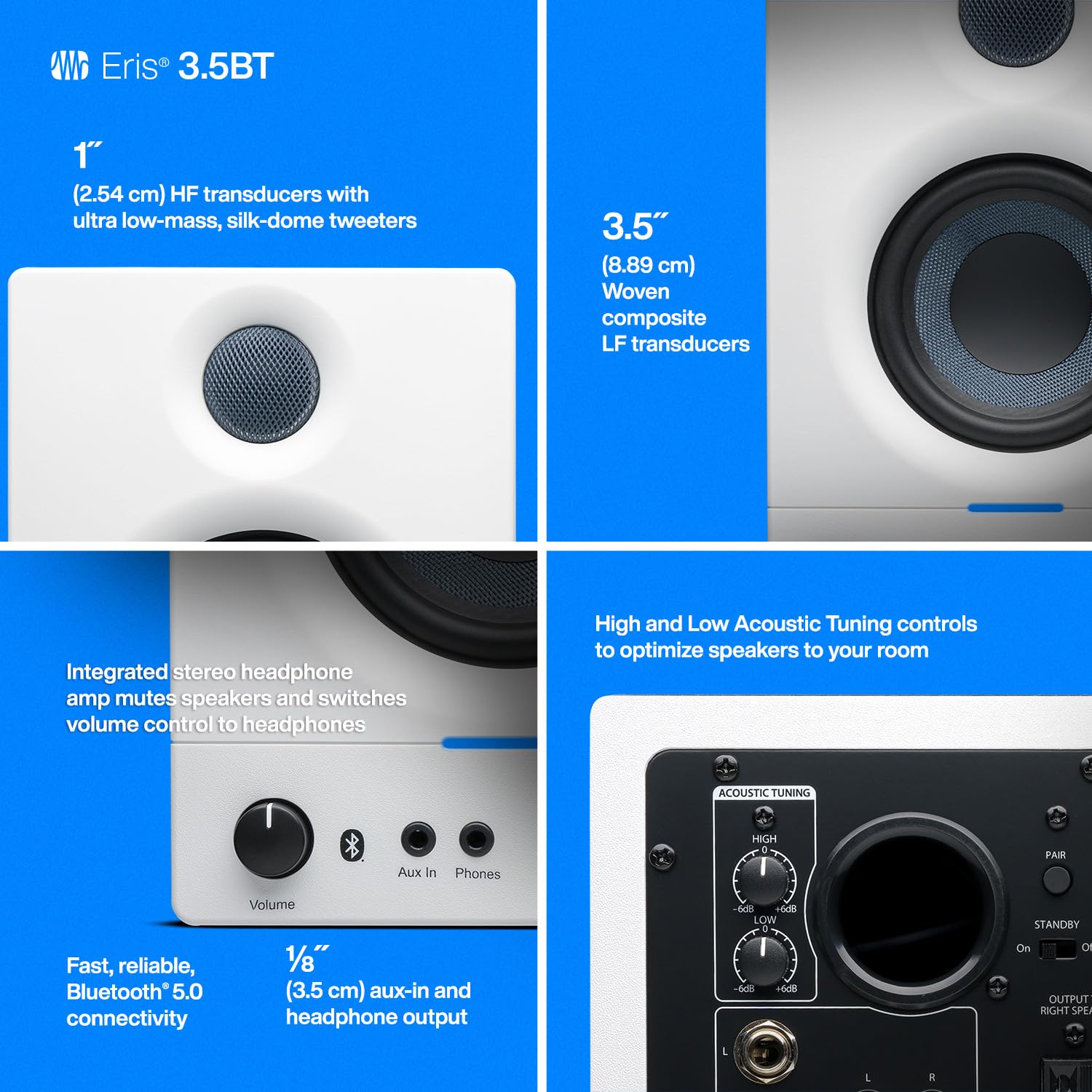 Presonus Eris 3.5Bt Bluetooth Studio Monitors (White), Pair   Powered, Active Monitor Speakers For Desktop, Turntable, Record Pl