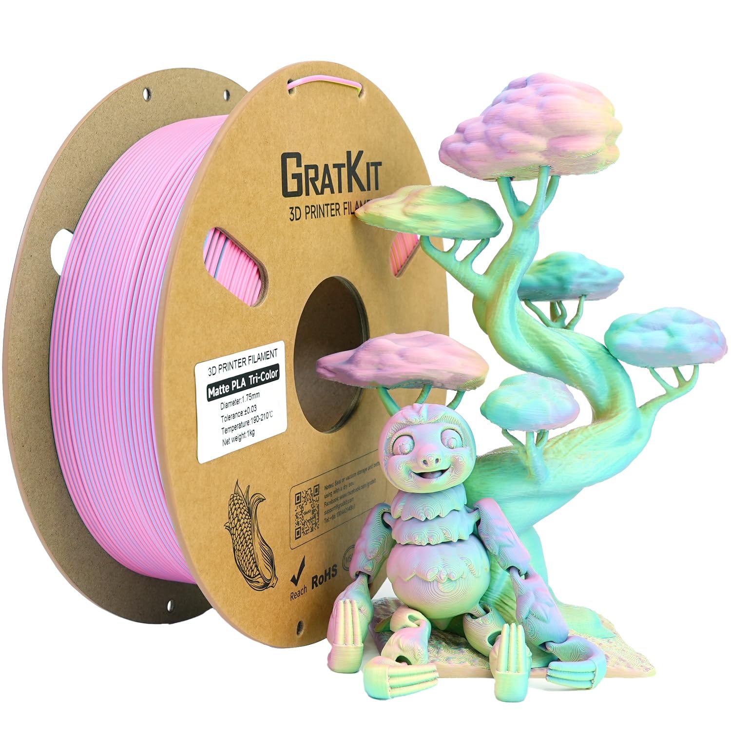 Gratkit Matte Tri-Color PLA Filament,Coextrusion PLA Filament 1.75mm, +/-0.03mm, 1KG/Roll, High Speed Matte PLA,Fluorite