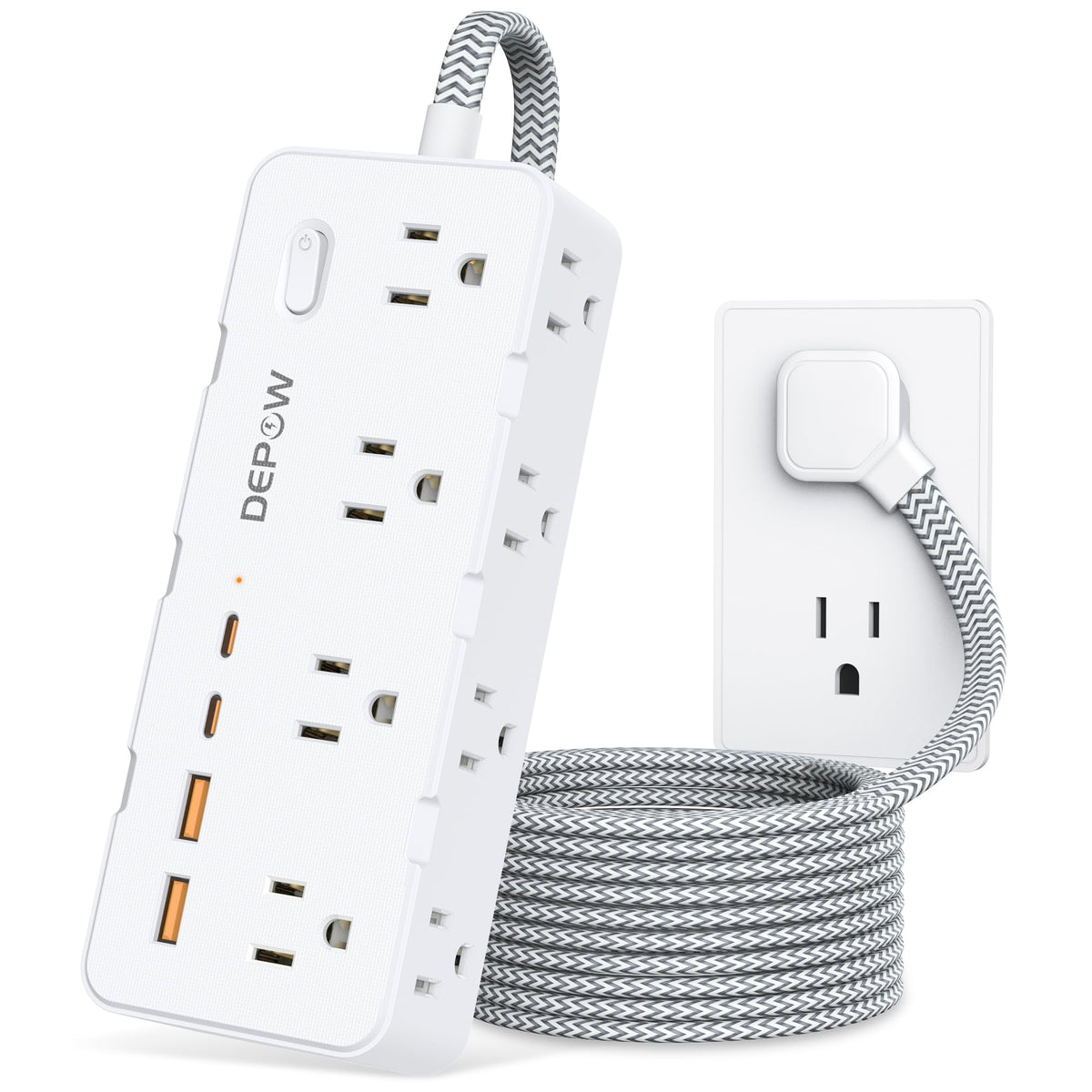Depow Power Strip Surge Protector With 5Ft Braided Flat Extension Cord, Wall Mount Charging Station With 8 Outlets 4 Usb Ports(2