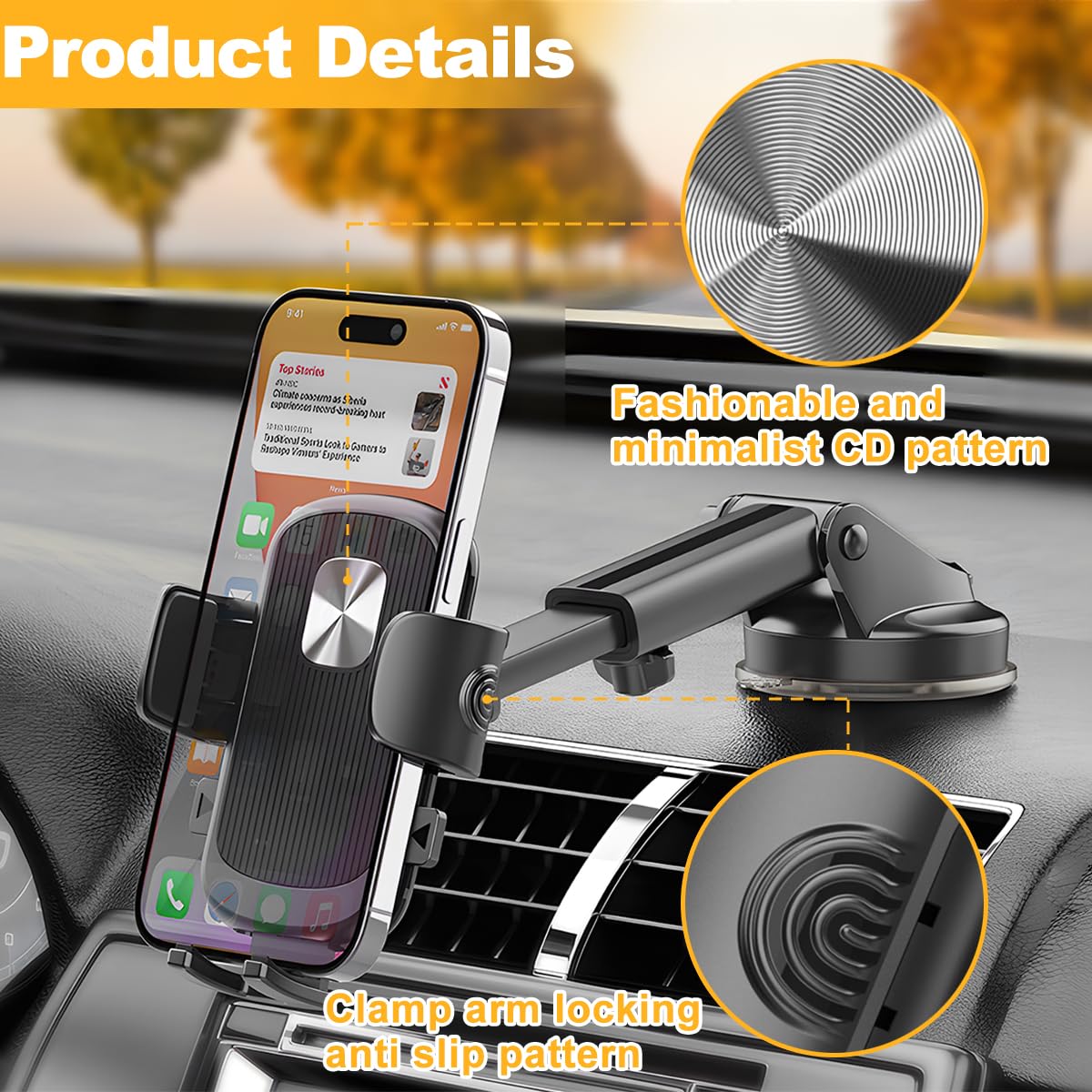 Sandfren Car Phone Holder, Strong Suction Cup Vehicle Dashboard Smartphones Mount, Stable Silicone Clamp Extendable Automotive C