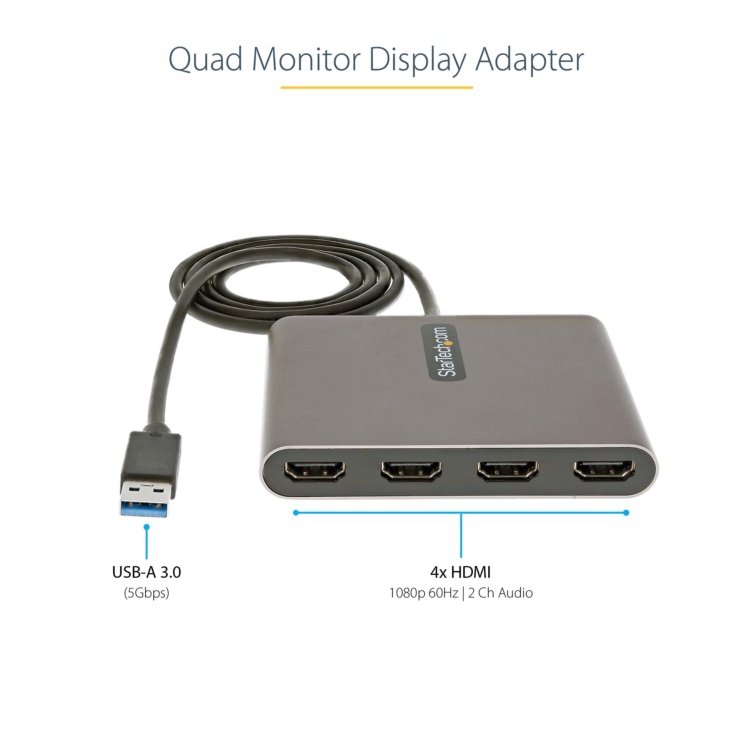 Startech.Com Usb 3.0 To Quad Hdmi Adapter, Usb To 4X Hdmi Monitor Converter For Windows, Taa (No Support For Macos/Chromeos/Linu