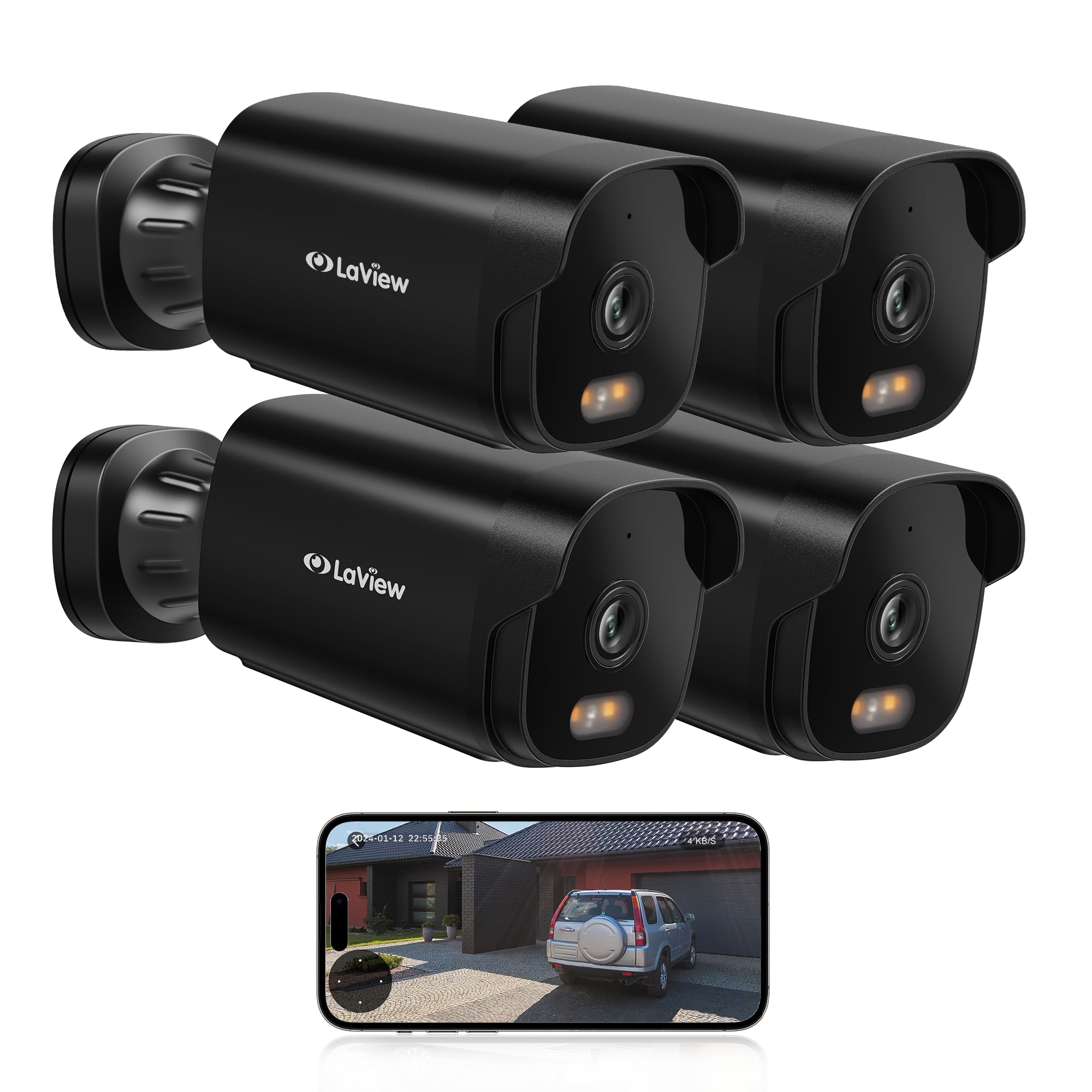 Laview 5Mp Security Camera Outdoor With Color Night Vision,3K Wired Cameras For Home Security,Ip65 Waterproof Camera, 24/7 Live Video,2 Way Talk,Cloud Storage/Sd Slot,Compatible With Alexa(4 Pack)