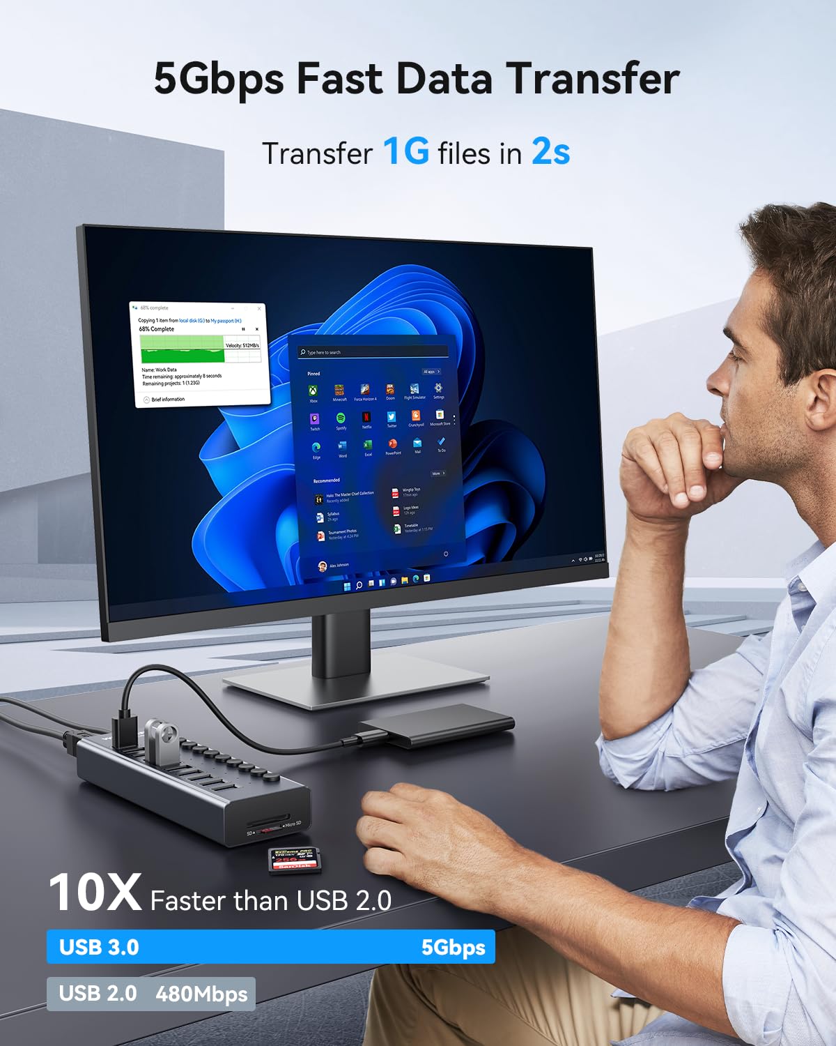 Wenter Powered Usb Hub 3.0 With Sd/Tf Card Reader, Aluminum 10 Port Powered Usb Hub (9 Usb 3.0 Data Transfer Port & 1 Usb Fast Charging Port Hub) Usb 3.0 Hub For Pc, Laptop