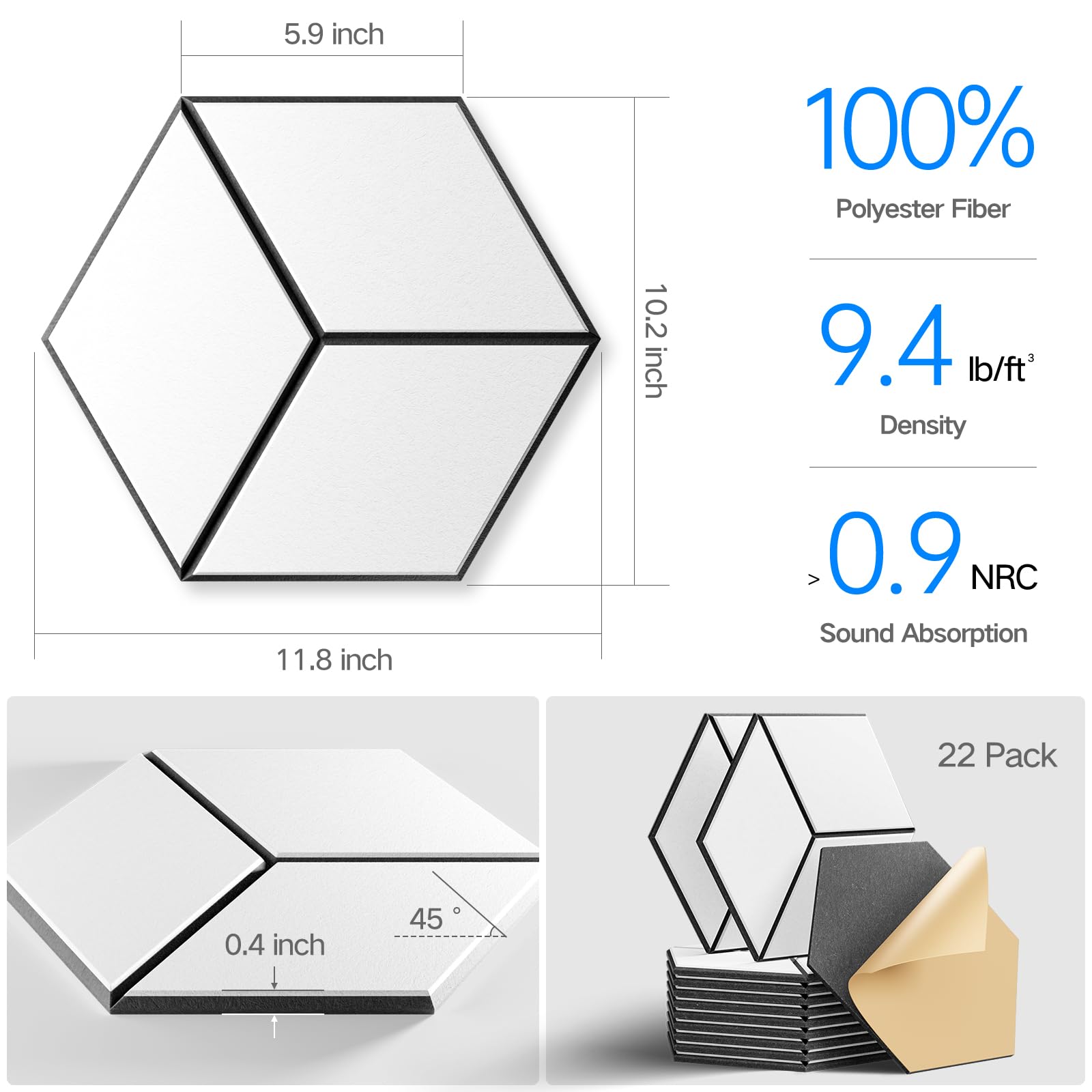 22 Pack Self Adhesive Acoustic Panels, 12'' X 10'' X 0.4''   High Density, Flame Resistant Soundproof Foam. Absorbs Noise And El