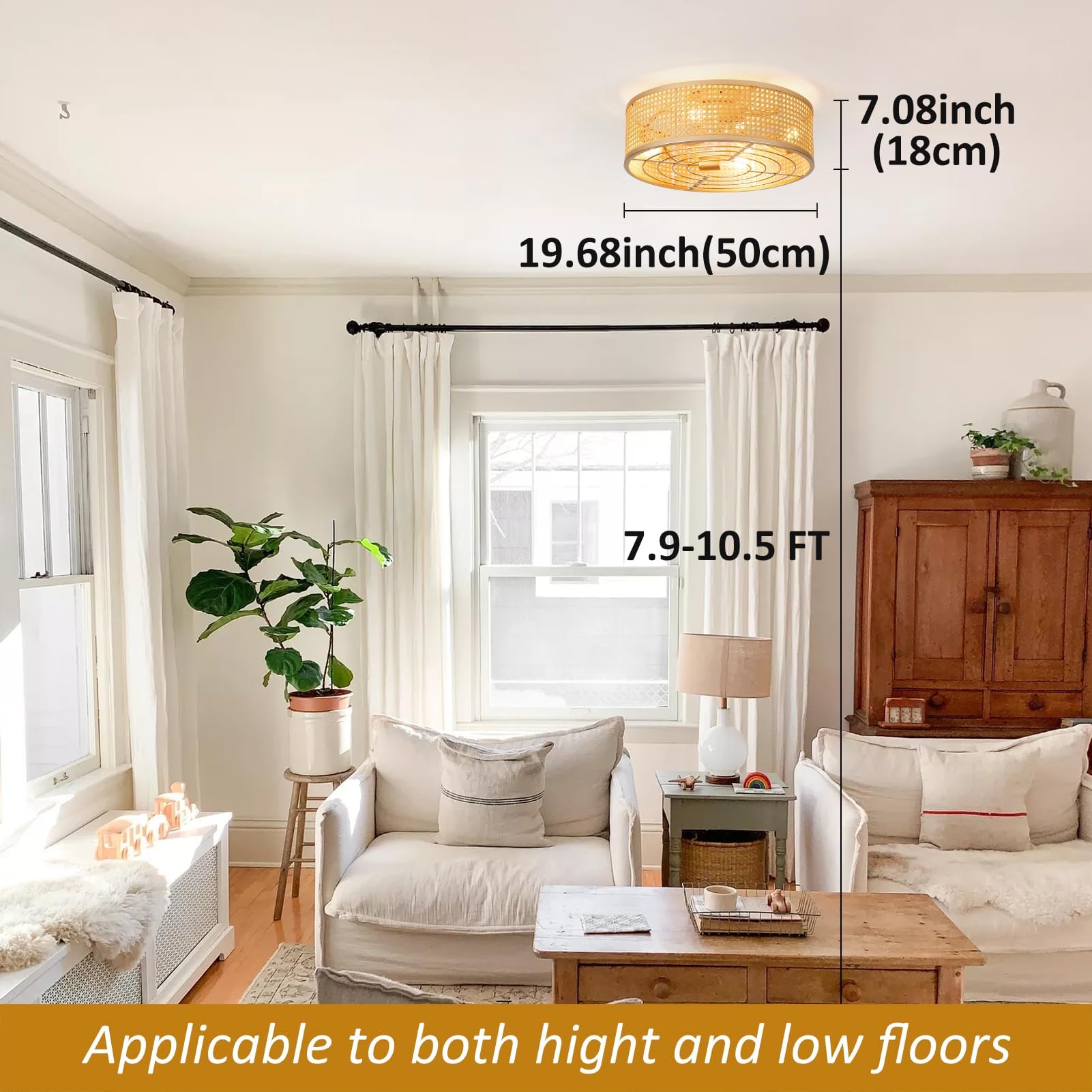 Ainqiant Boho Caged Ceiling Fan With Light, 20'' Rattan Flush Mount Ceiling Fan With Light And Remote Control For Bedroom Kitche