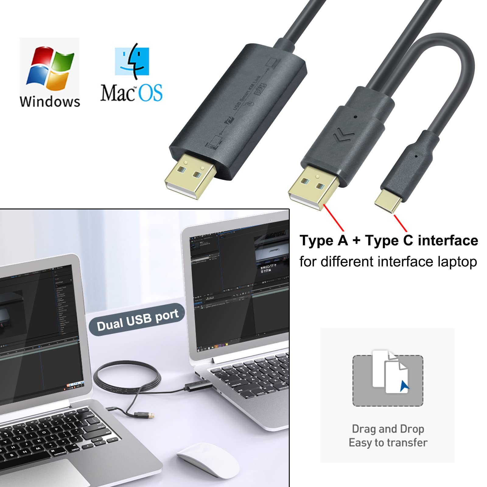 Dtech Computer To Computer Usb Cable 6Ft Pc To Pc Data Transfer Cord Usb C Usb A Windows 11 10 8 7 Vista Xp Mac For Usb 2.0 High