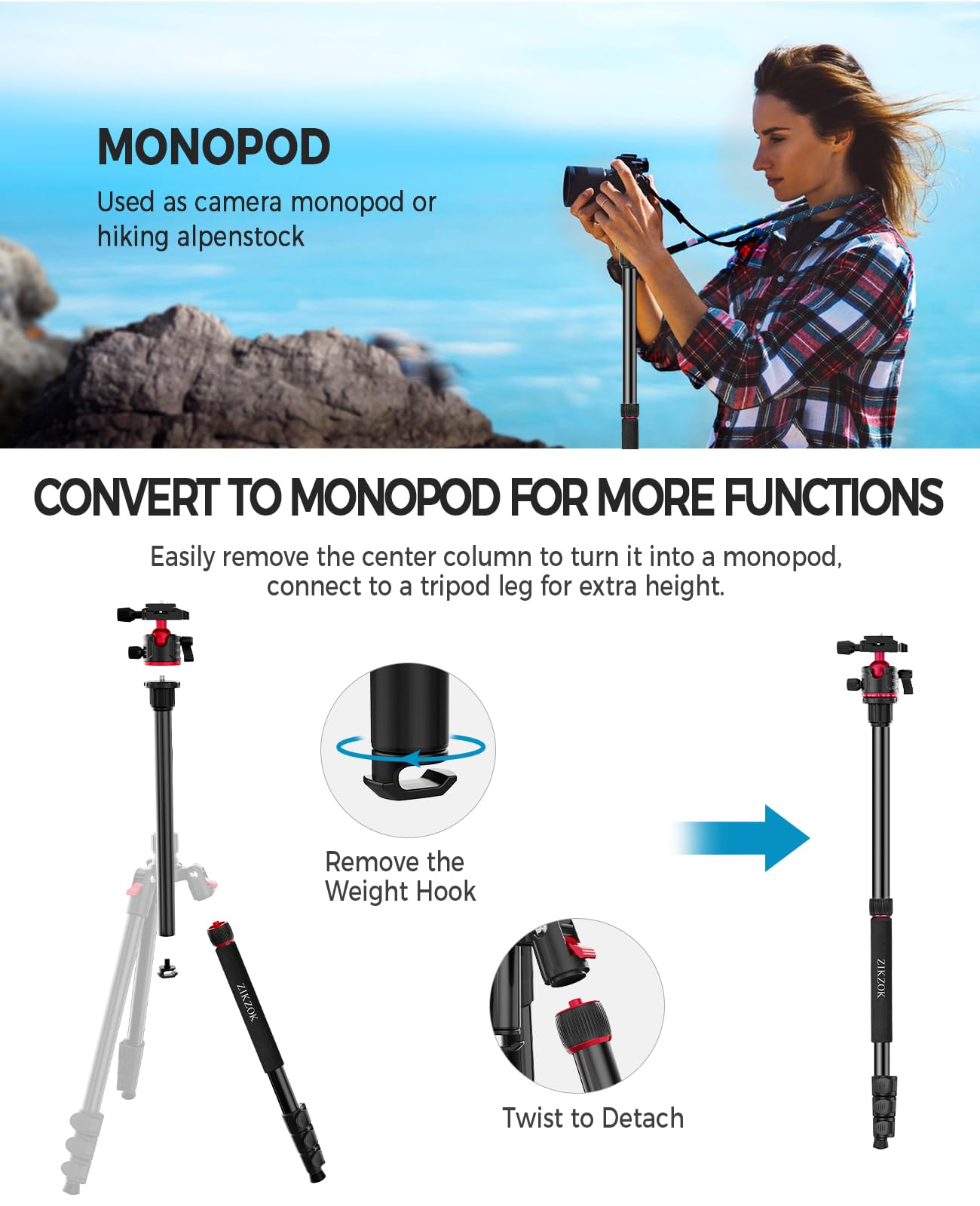 70' Tripod For Camera, Professional Aluminum Camera Tripod & Monopod With 360� Ball Head, Adjustable Lightweight Travel Tripod For Phone,Dslr,Tablet With Carry Bag
