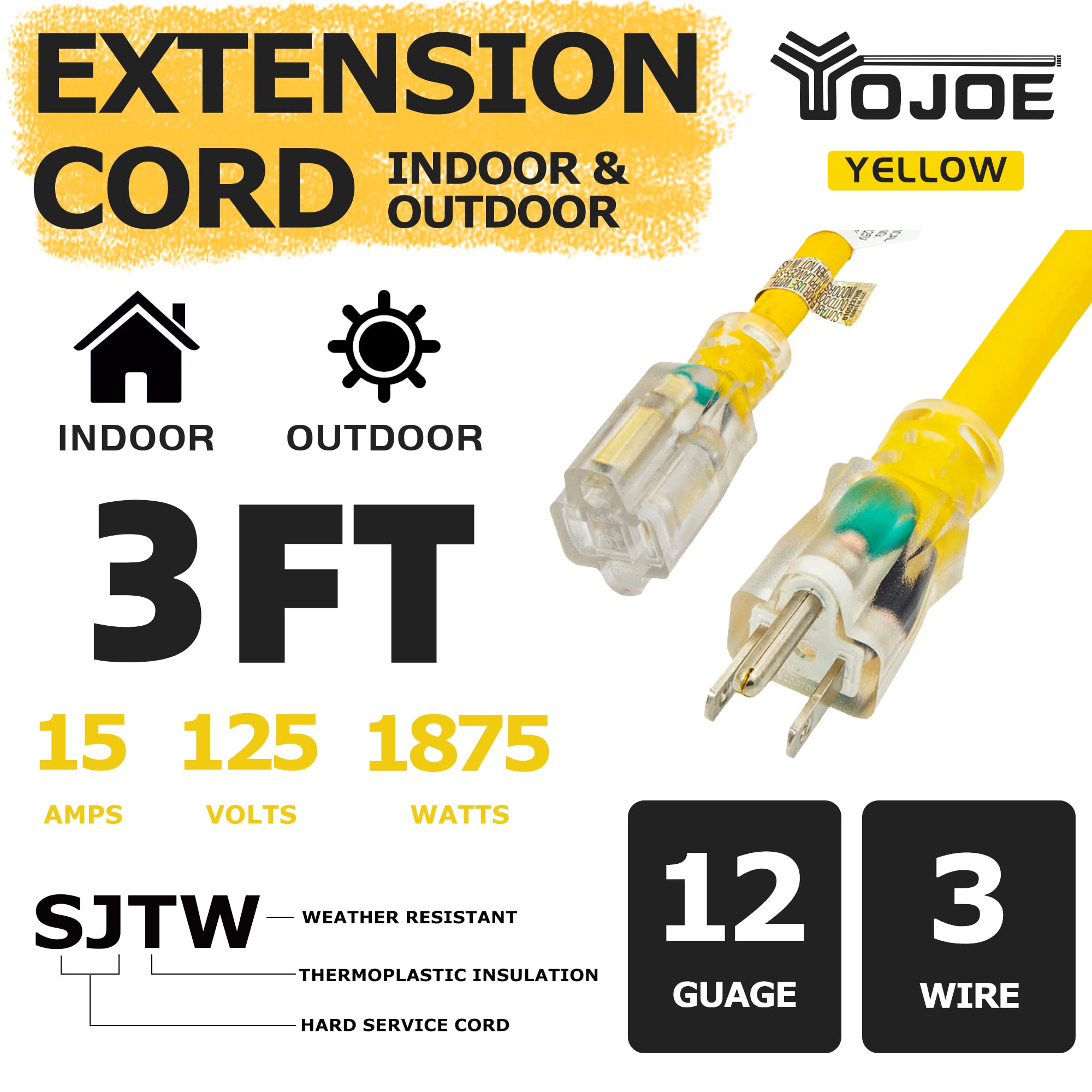 Yojoe Indoor Outdoor Extension Cord With Lighted End, 3 Prong 15A Weatherproof Power Extension Cord, 12 Gauge Heavy Duty 3 Ft Ye