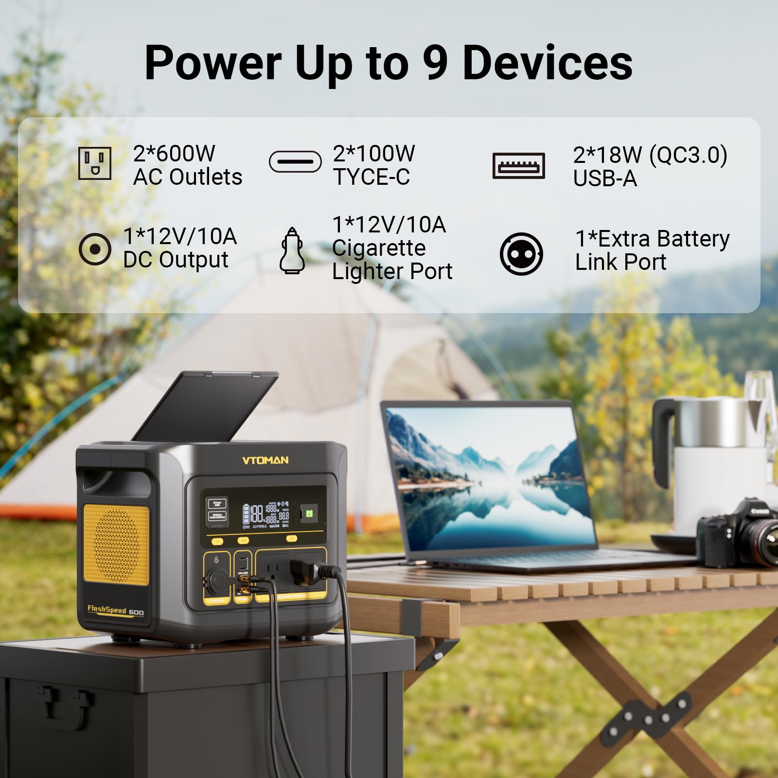 Vtoman Flashspeed 600 Portable Power Station With 110W Solar Panel - 499Wh/600W(1200W Peak) Solar Generator With Lifepo4 Battery