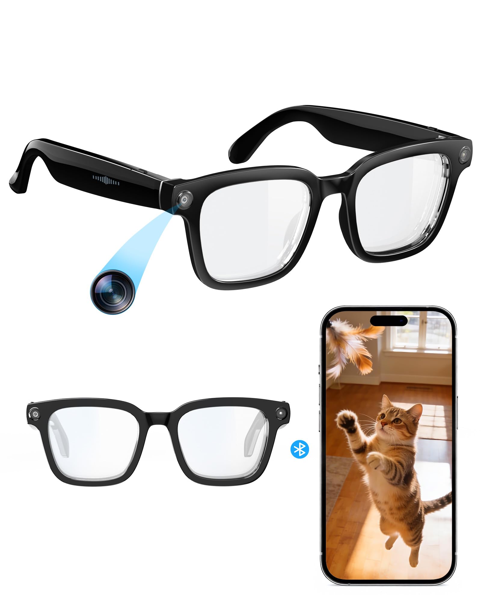 GLOSSIA Smart-Glasses with Camera and Audio, 8MP HD Camera Blue-Light Glasses for Men Women, 1080P Video Recording AI Glasses, R