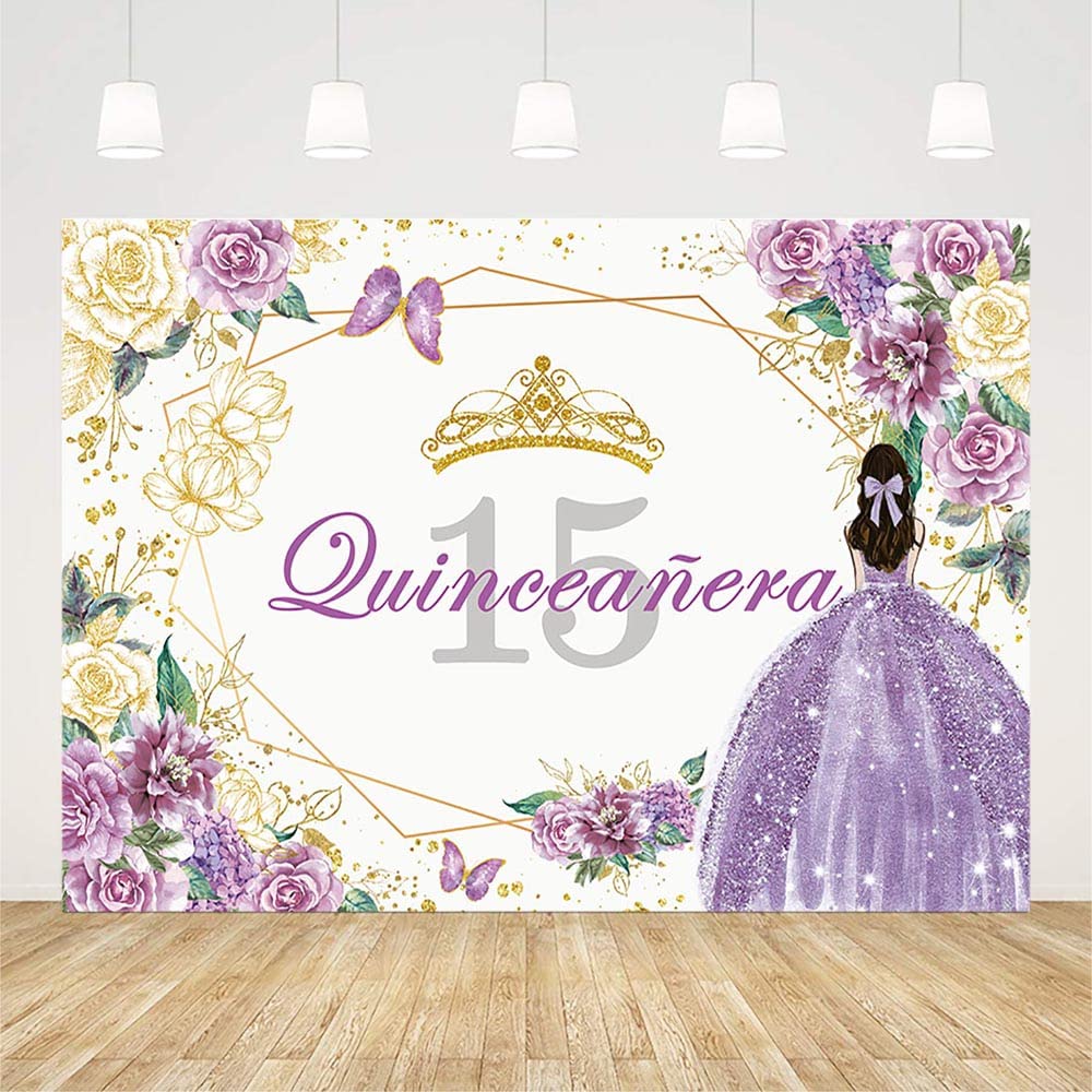 Sendy 7X5Ft Quinceanera 15Th Birthday Backdrop For Sweet Girl Mis Quince Anos 15Th Birthday Party Decorations Purple Gold Glitte