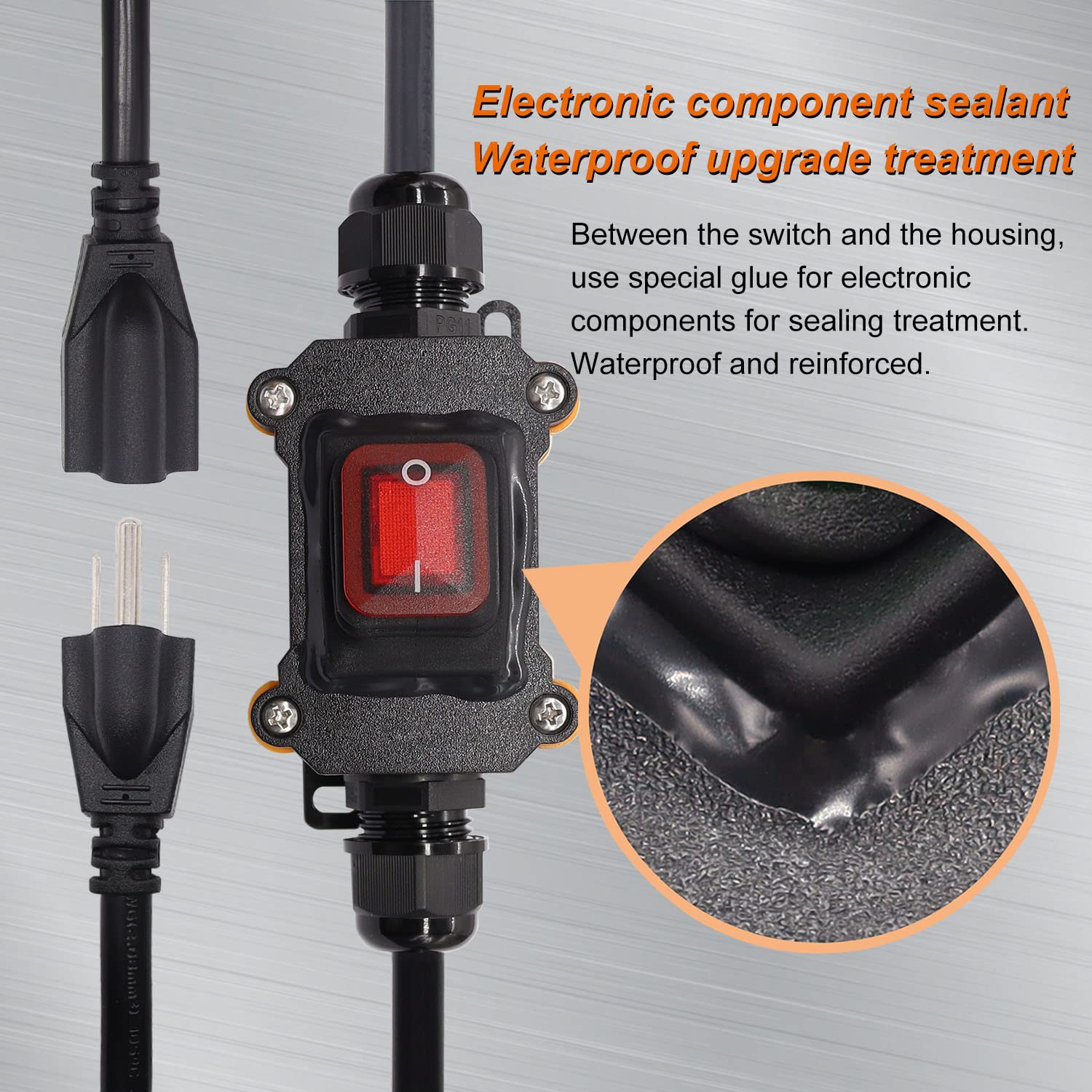 Weideer Extension Cord With Inline Switch On/Off Ip67 Waterproof 20A 250V 1.5Ft 14Awg 3Pin Outlets Plugs Power Cord Red Led Rock