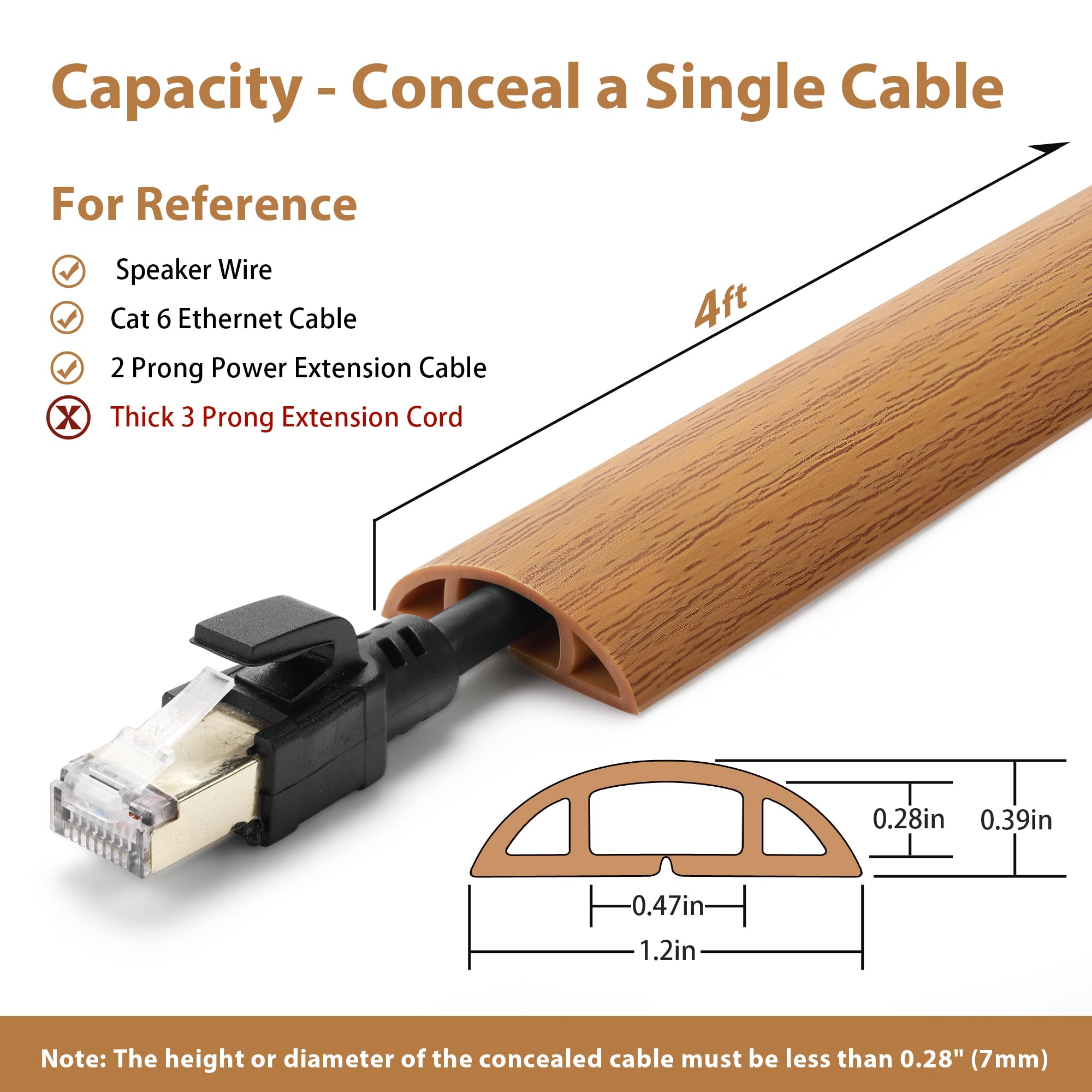 Floor Cord Cover 4Ft, Cord Hider Floor Yellow Oak Wood, Floor Cable Management Prevent Cable Trips, Floor Cable Cover Wire Cover