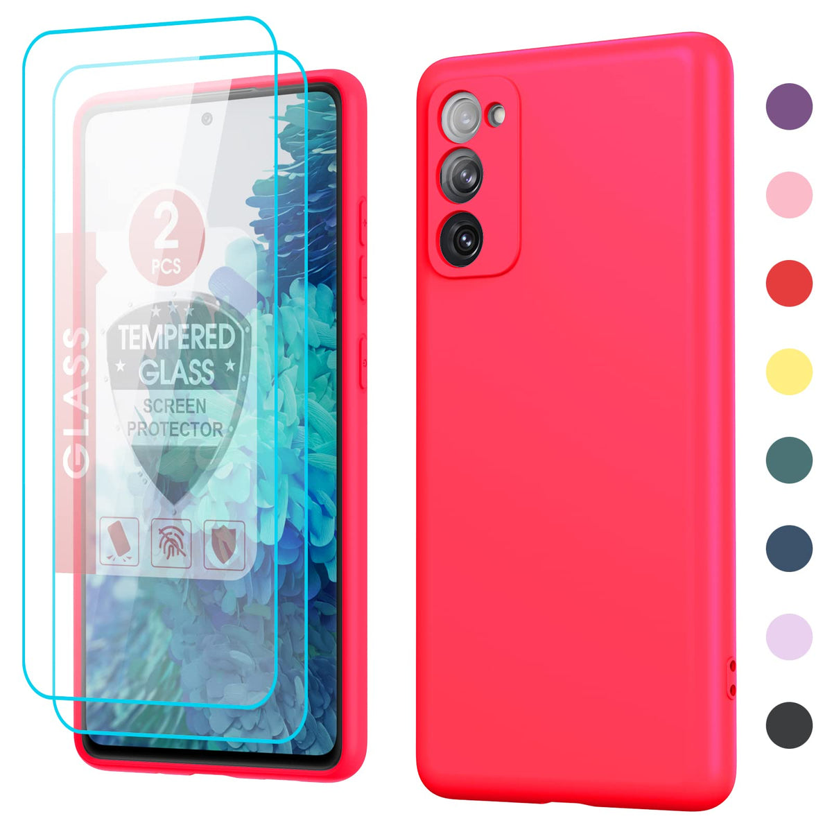 Leyi For S20 Fe Liquid Silicone Case & [2 Pack] Tempered Glass, Soft Microfiber Liner, Women & Men   Rose Red