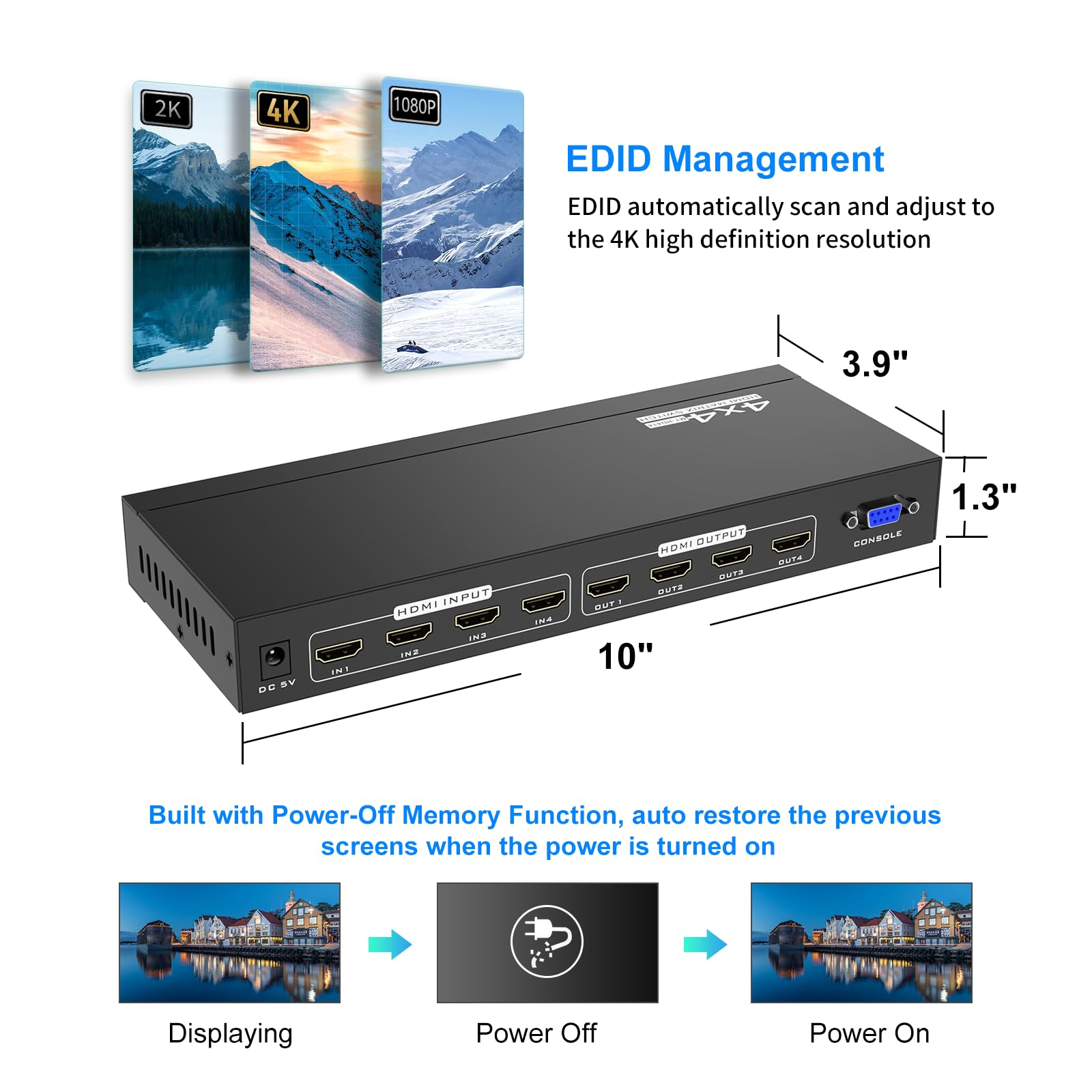 Yinker 4K Hdmi Matrix Switch 4X4, 4K@30Hz Hdmi Matrix Switcher Splitter 4 In 4 Out With Backlit Button, Support Hdcp Edid Management Rs232 Control