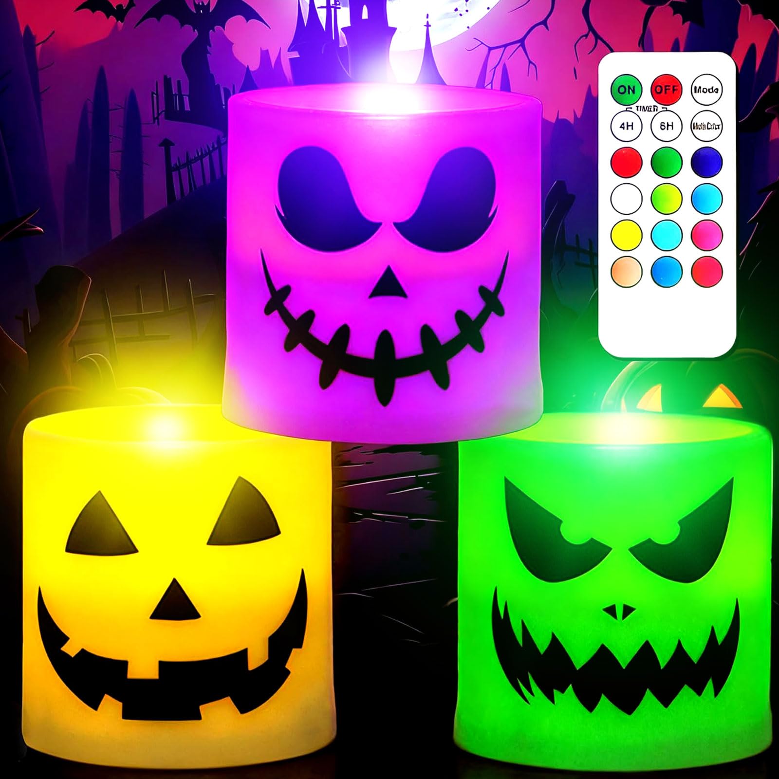 Halloween Flameless Candles - 3 Pack Colored Battery Operated Pumpkin Ghost Face Candles,LED Muti Color Grimace Night Light,Scar
