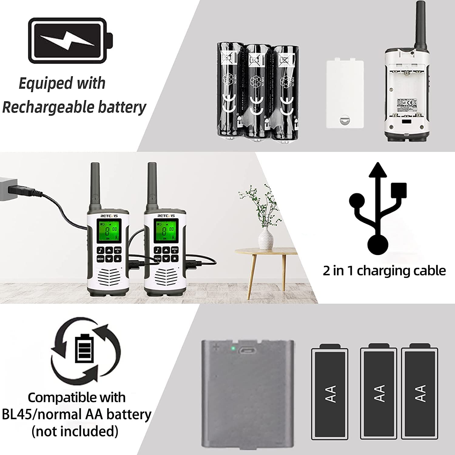 Retevis Rt45 Long Range Walkie Talkies, Walkie Talkie For Adults, 22 Channels Noaa Flashlight Vox, Rechargeable Two Way Radio, P