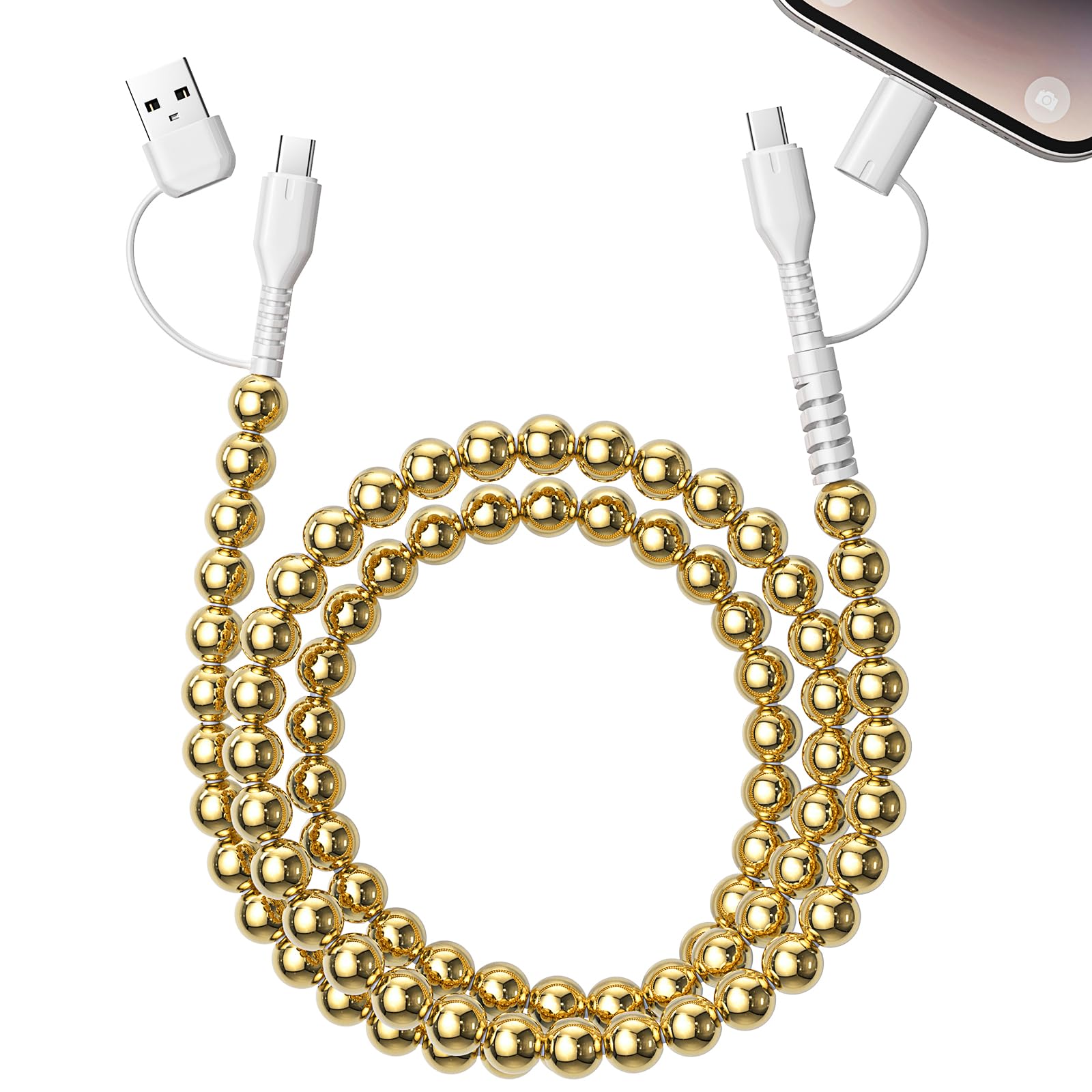 Aolcev 4 in 1 USB C Cable Multi Beaded for iPhone Charger Cord 3.3FT Gold
