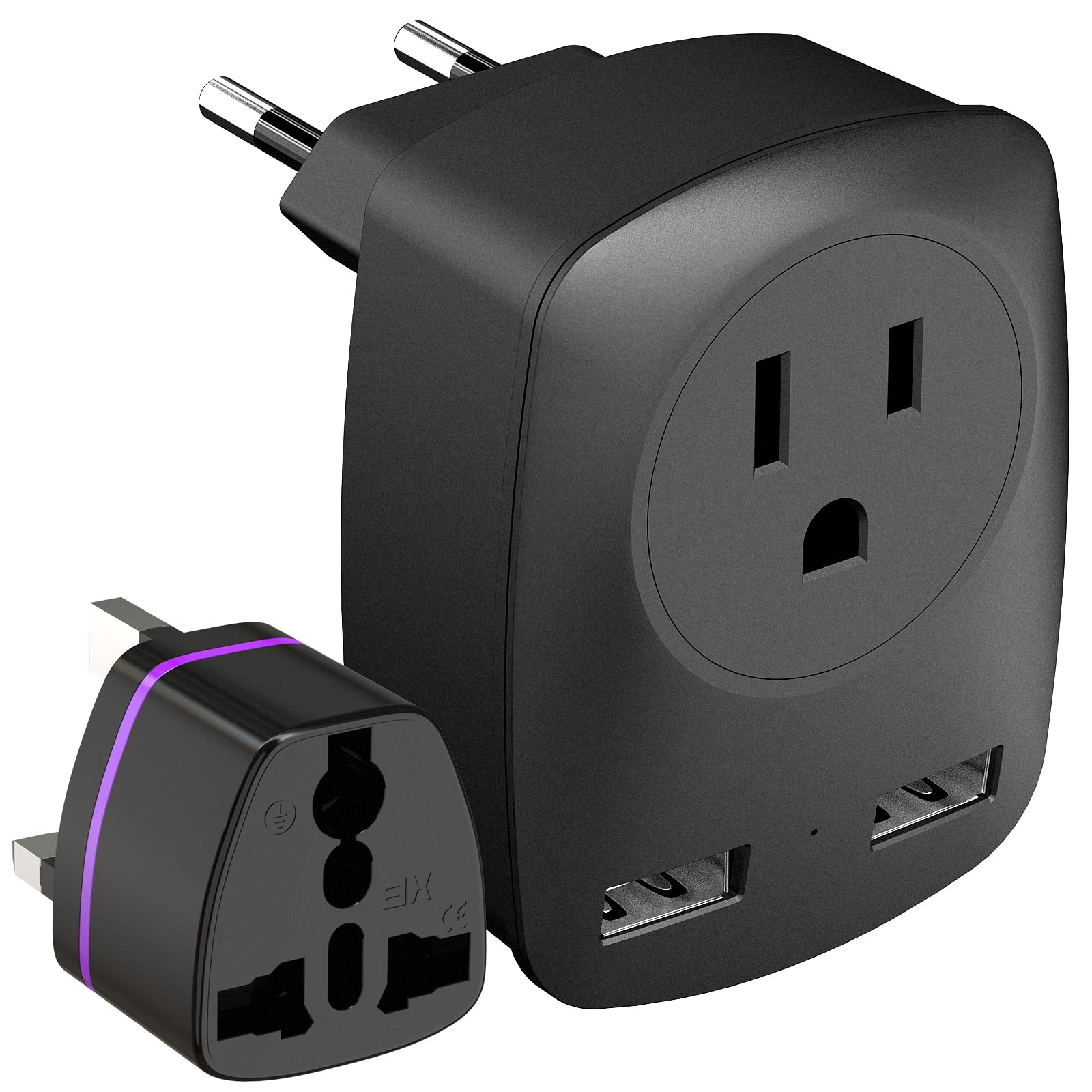 JARVANIA Travel Plug Adapter US to EU UK 3-in-1 Dual USB Black