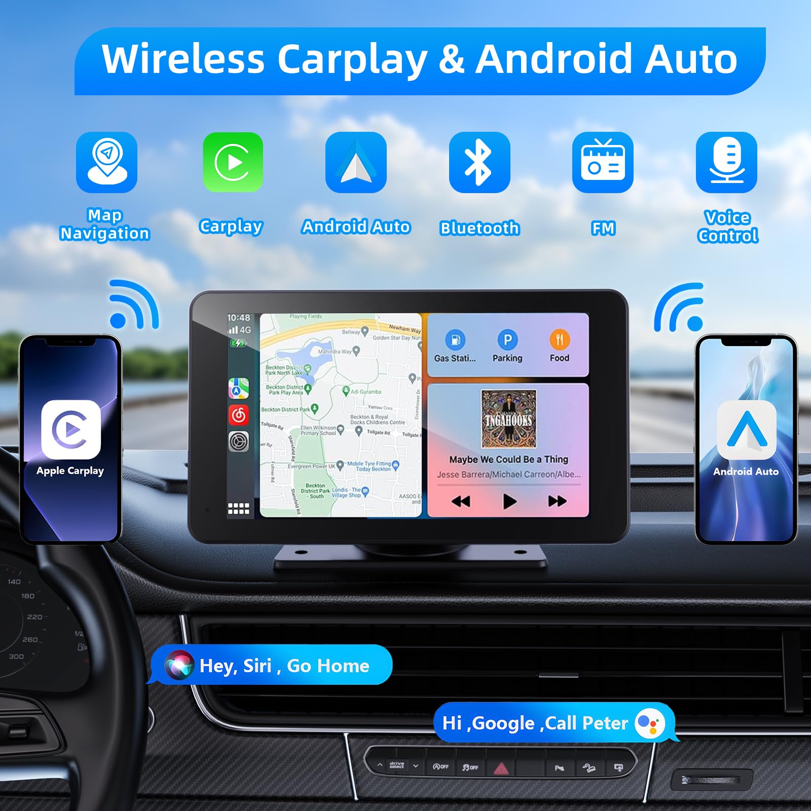 Vukarual Wireless Apple Carplay And Android Auto Screen For Car, 7'' Hd Portable Touch Screen Car Stereo With Bluetooth, Backup