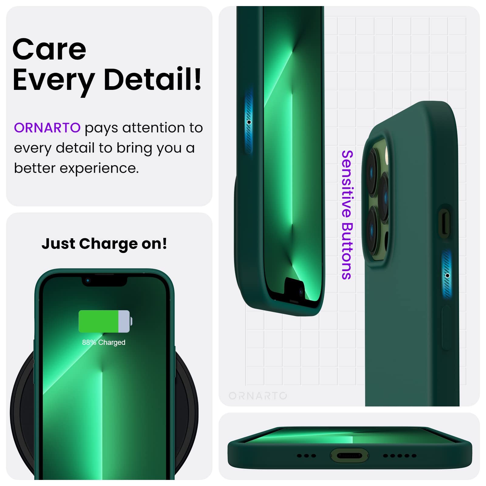 Ornarto Compatible With Iphone 13 Pro Case 6.1, Slim Liquid Silicone 3 Layers Full Covered Soft Gel Rubber Case Cover 6.1 Inch O