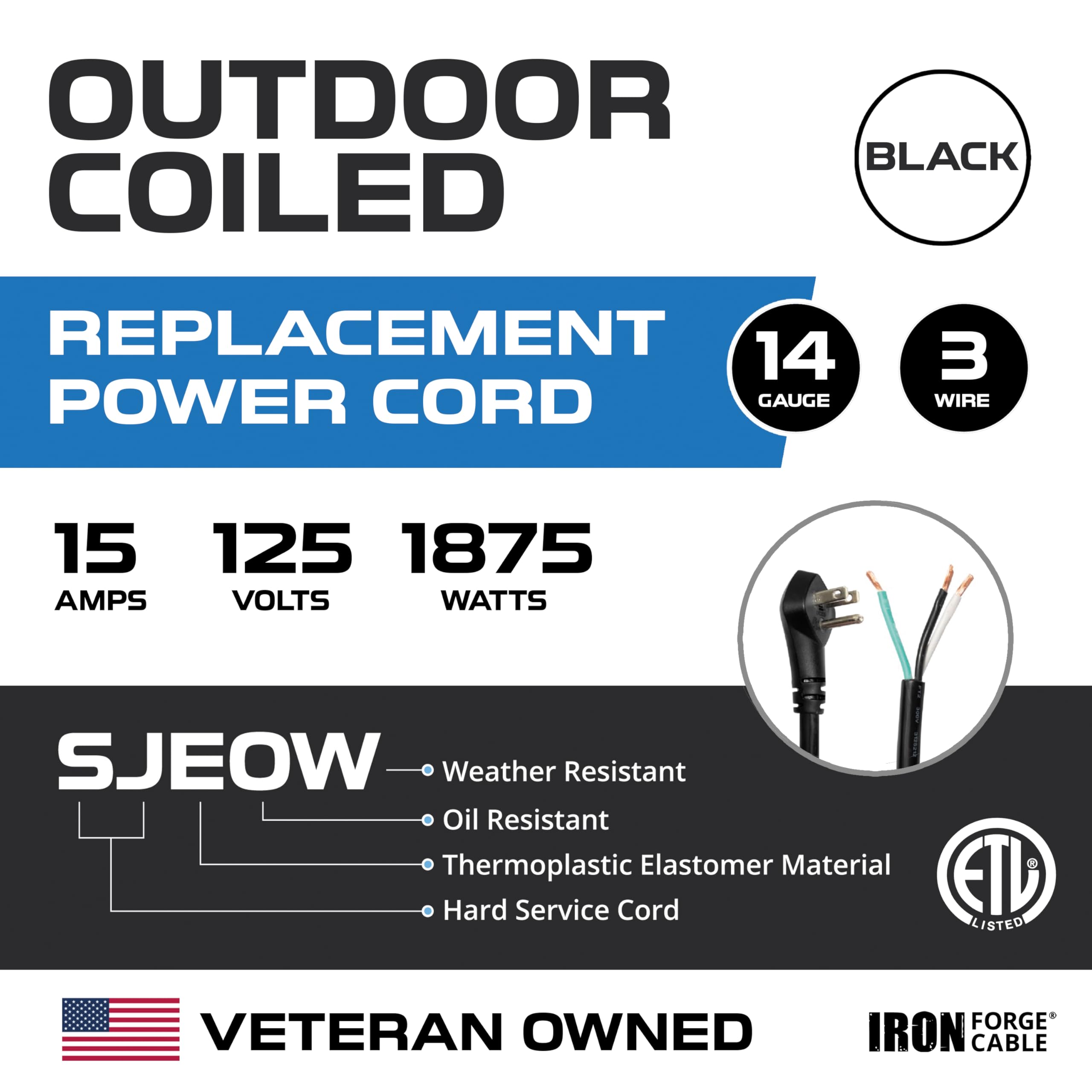 Iron Forge Cable Coiled Replacement Extension Cord 6 Ft   14 Gauge 15 Amp Heavy Duty Power Extension Cords   Sjeow Oil Resistant