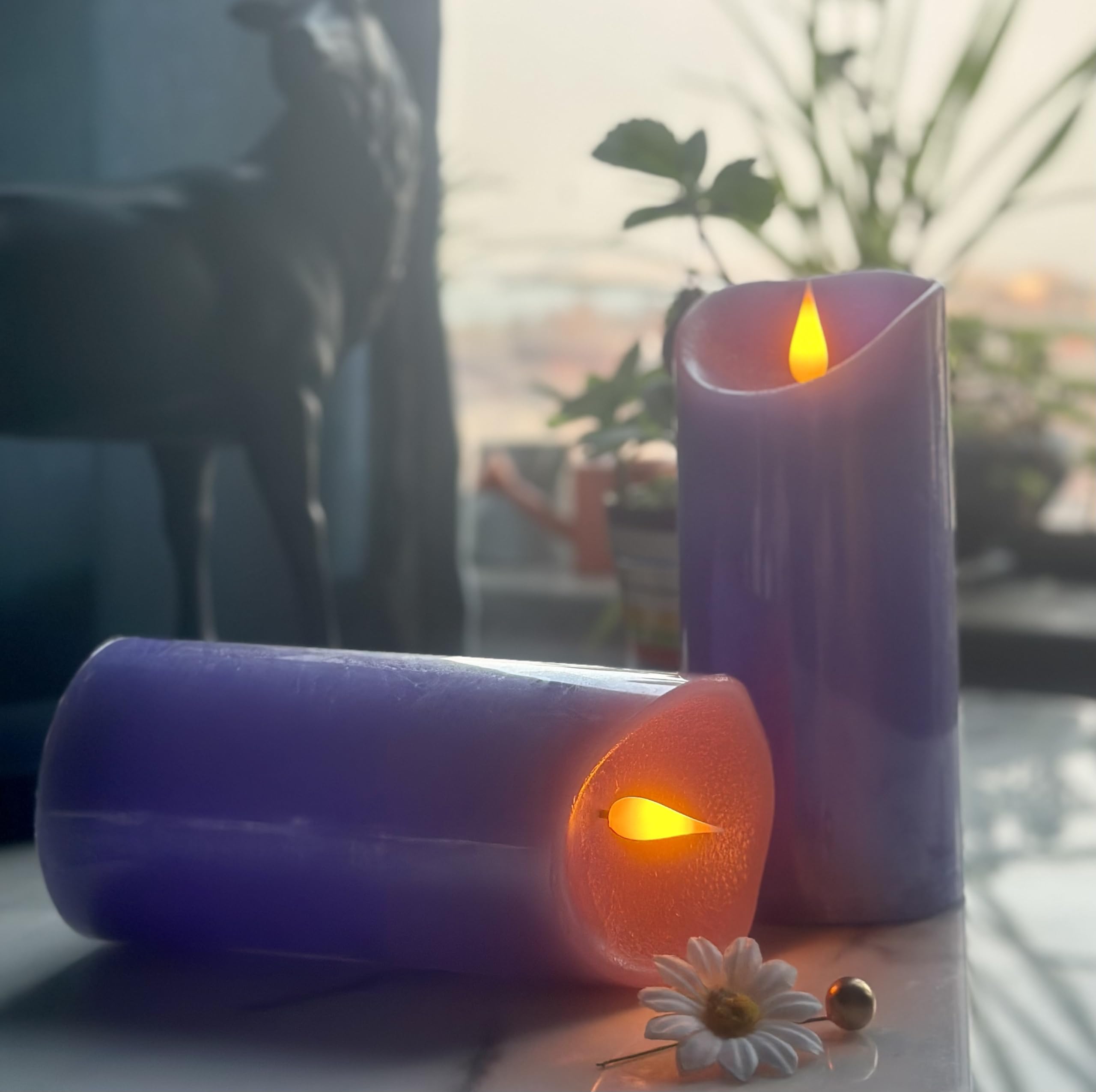 Adoria Large Purple Flameless Candles Remote And Timer Set Of 2  Real Wax Pillar Candles With 3D Realistic Flame Lavender Scente