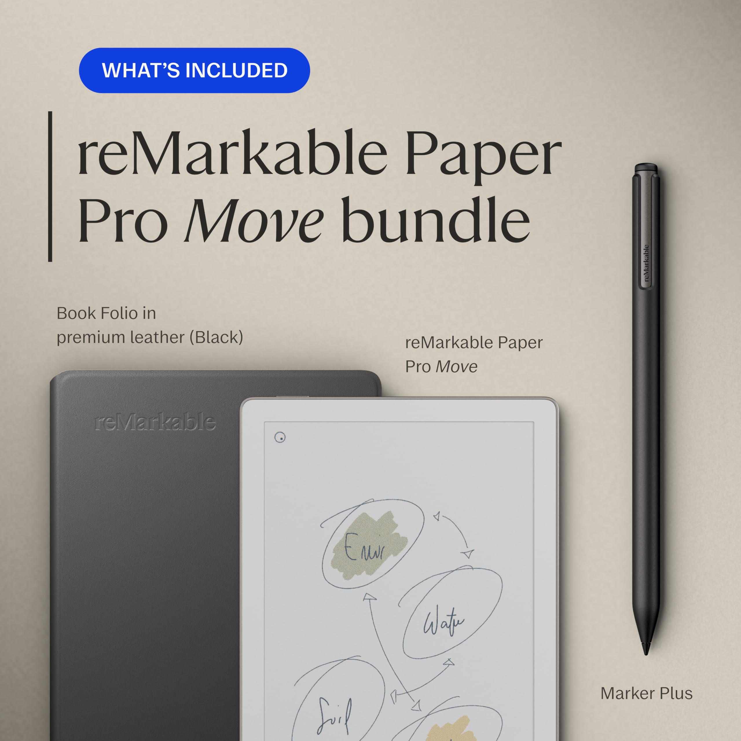 Remarkable Paper Pro Move - Leather Folio Bundle | Ultraportable Color 7.3 Paper Tablet With Marker Plus Pen With Eraser, And A