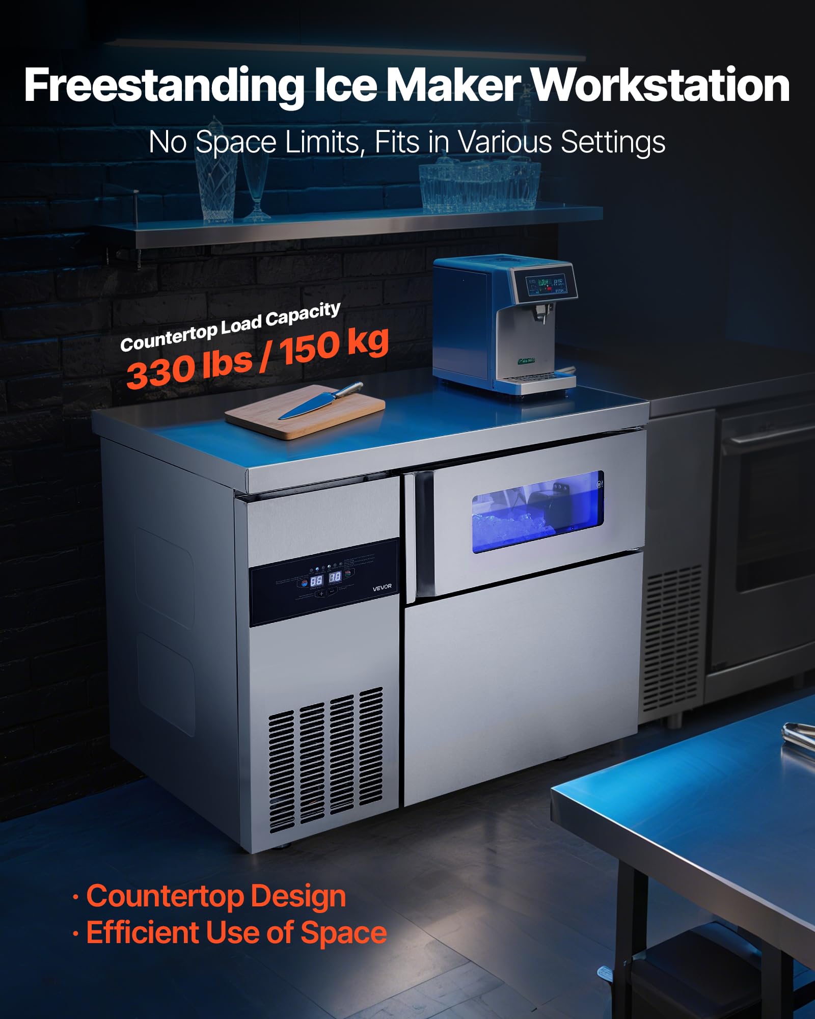Vevor Commercial Ice Maker Machine, 265 Lbs/24H Stainless Steel Ice Machine With Worktop, 66 Lbs Storage & 126 Cubes/Cycle, Self
