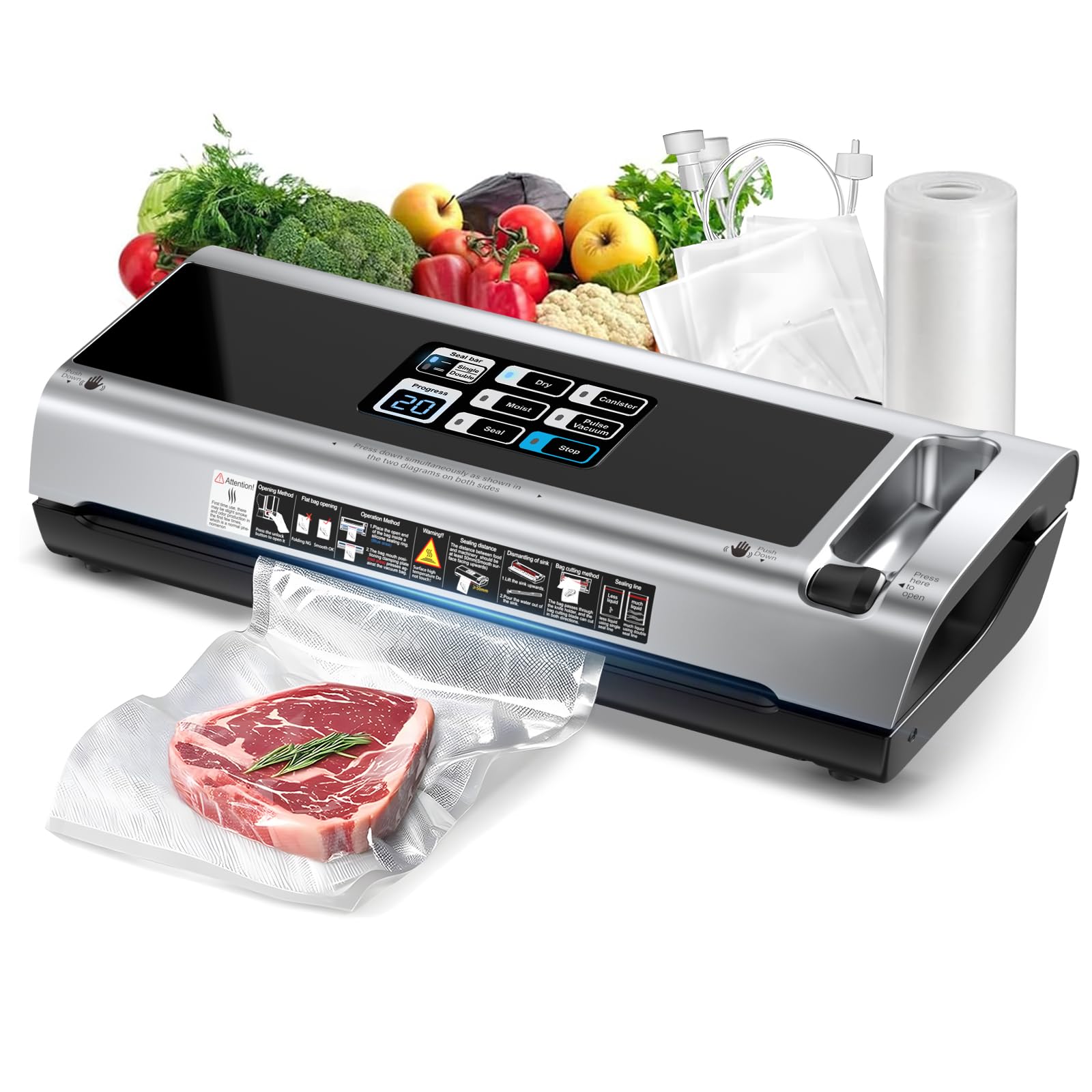 90KPa Portable Vacuum Sealer Machine for Food, One-Touch Open Lid, Detachable & Easy to Clean, Vertical Placement Saves Space, P