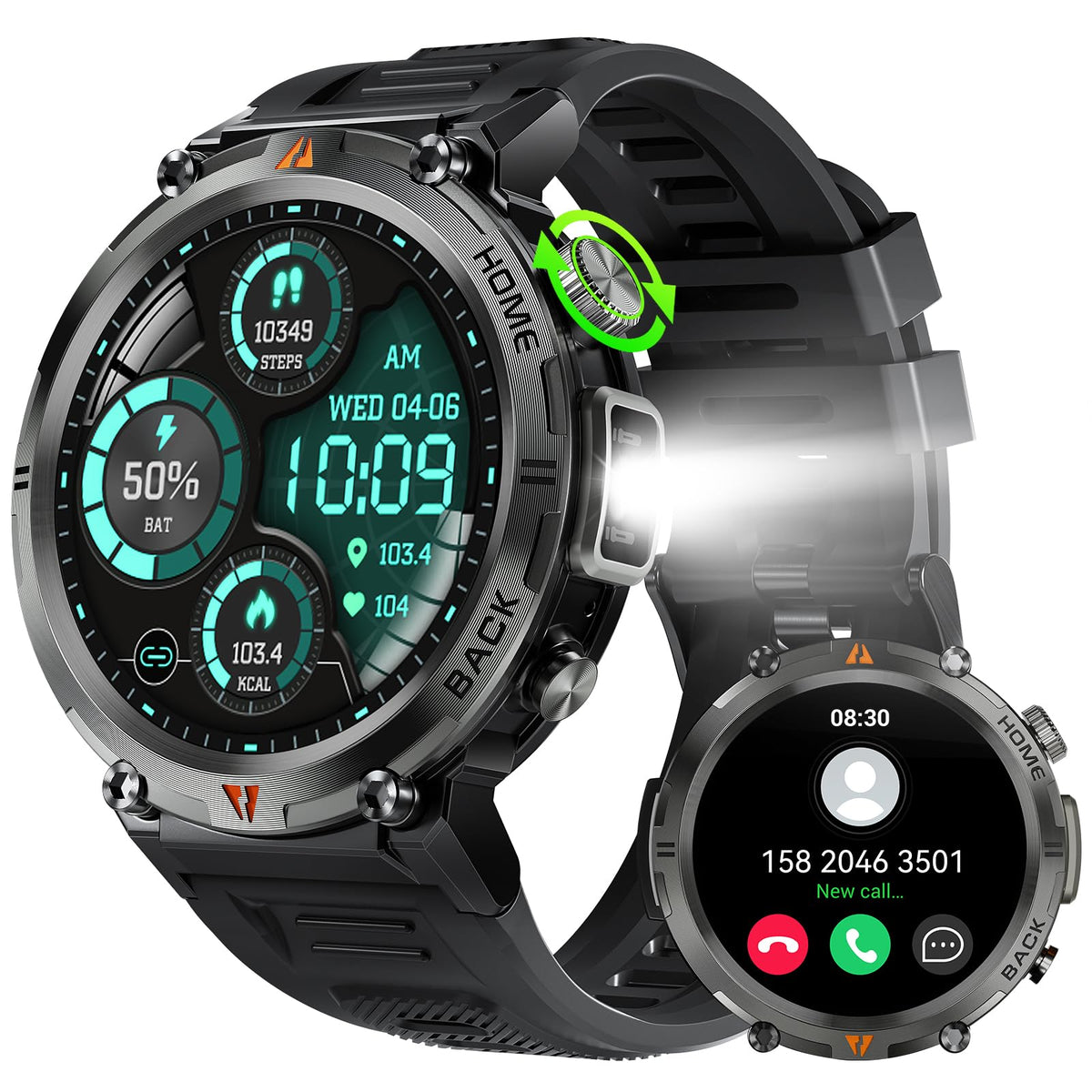 Military Smart Watch For Men With Led Flashlight, 1.45 '' Hd Rugged Outdoor Tactical Smartwatch (Call Receive/Dial), Fitness Tra