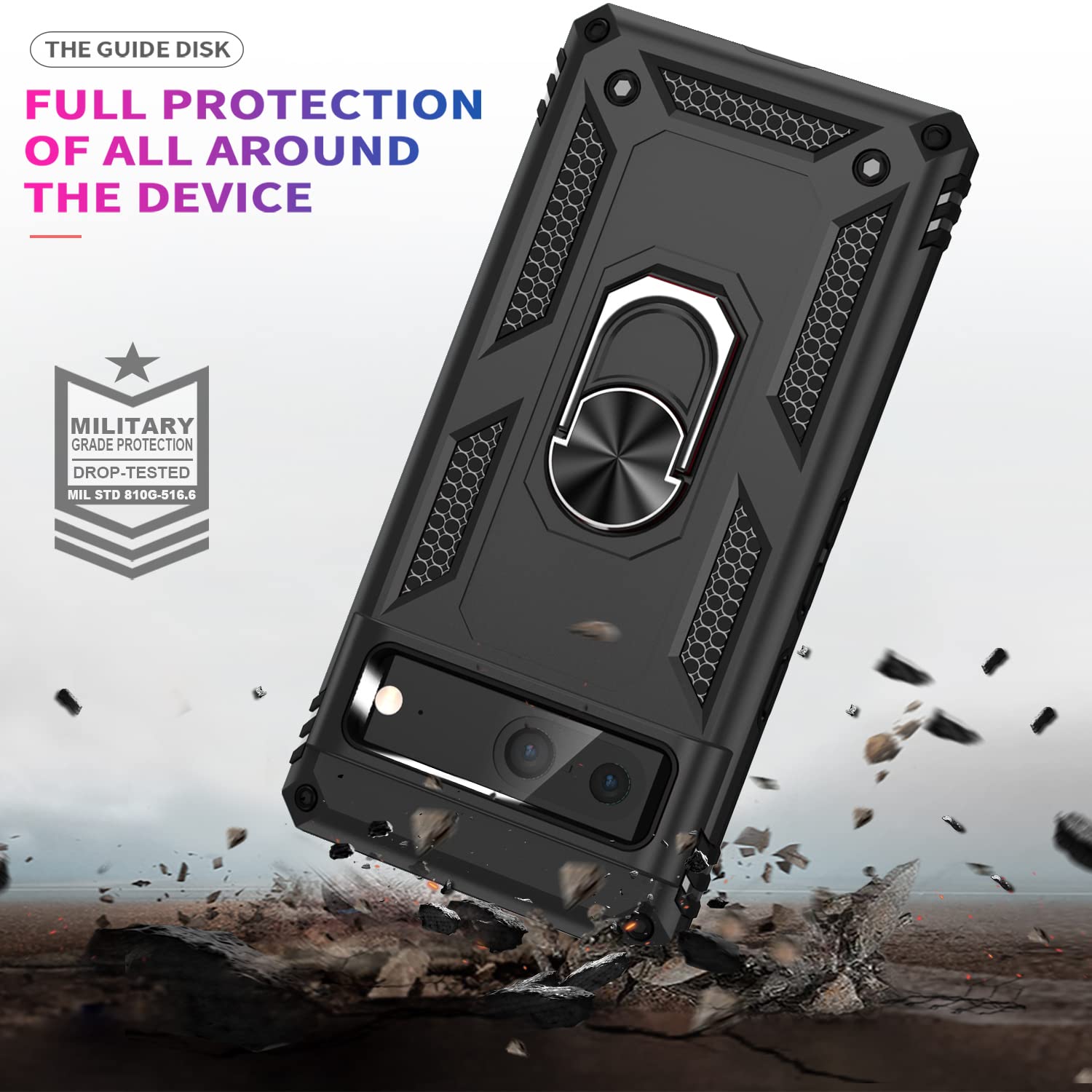 ZMPHG Pixel 7 5G Phone Case Military Grade Shockproof with Rotatable Magnetic Ring Kickstand & HD Screen Protector Black