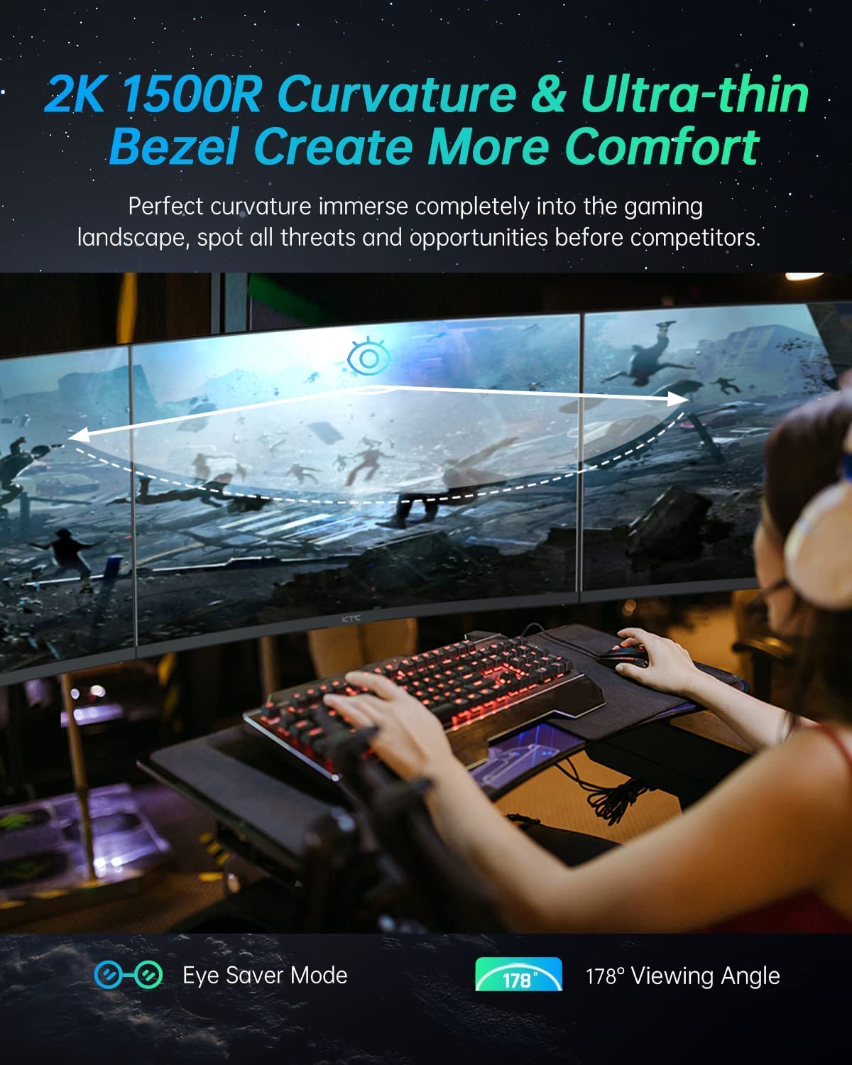 Ktc 27 Inch Gaming Monitor, 1440P Curved Monitor, 170Hz, 144Hz, 2K, 1500R, 1Ms, Freesync Premium/G Sync, Displayport/Hdmi/Usb, V