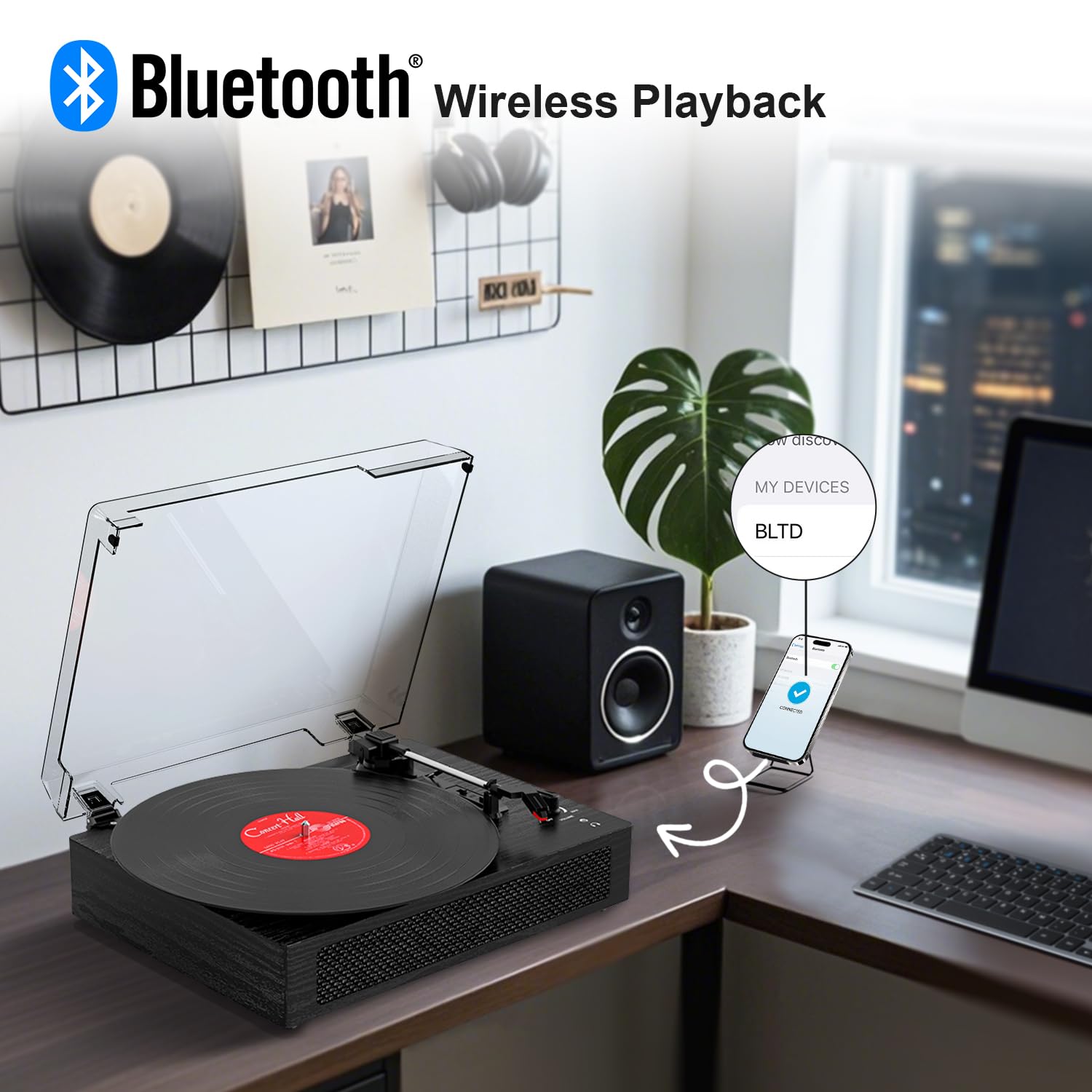 Vinyl Record Player Bluetooth Turntable With Built In Stereo Speakers Belt Drive 3 Speeds Turntables For Vinyl Records Support R